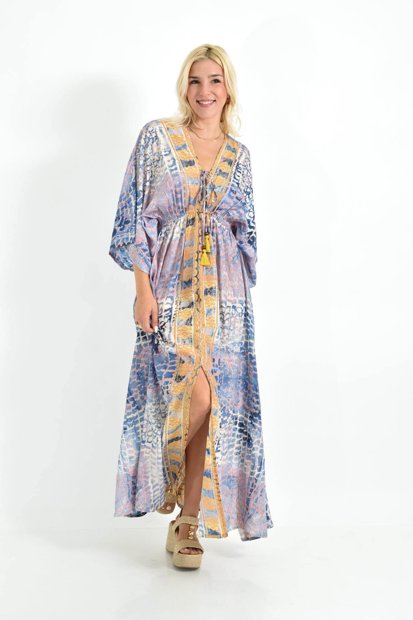 Καφτάνι Μάξι με Animal Print & Φαρδιά Μανίκια Μπλε 26708