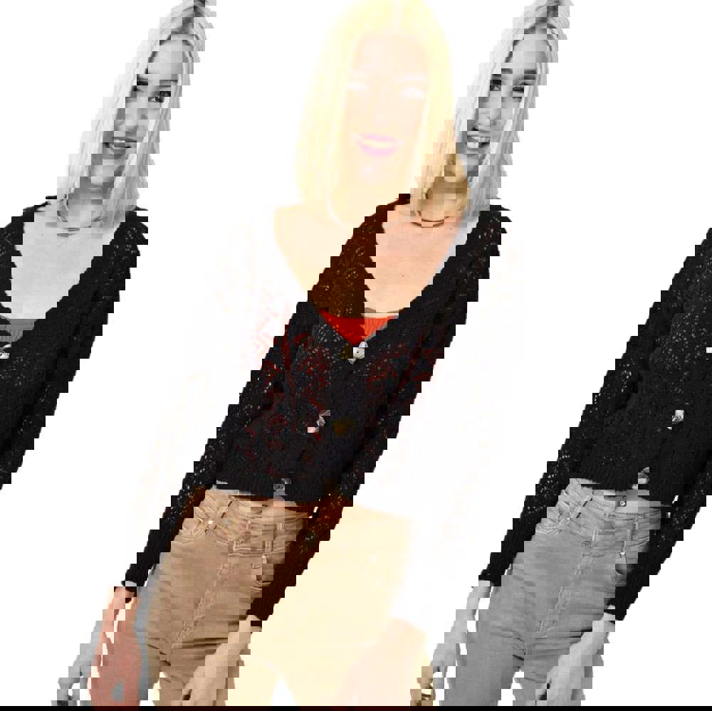 Γυναικεία crop ζακέτα με κουμπιά Μαύρο 23536