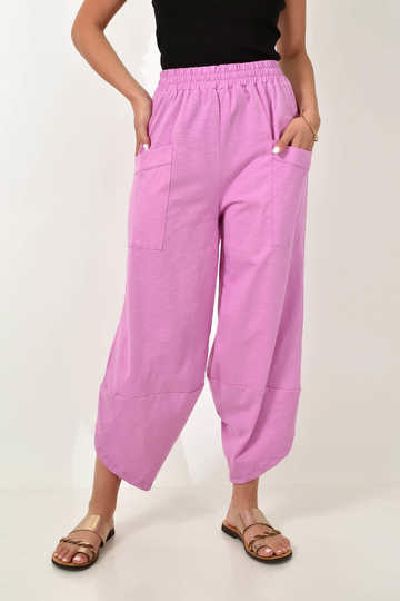  - Γυναικείο ψηλόμεσο σαλβάρι βαμβακερό με τσέπες ροζ