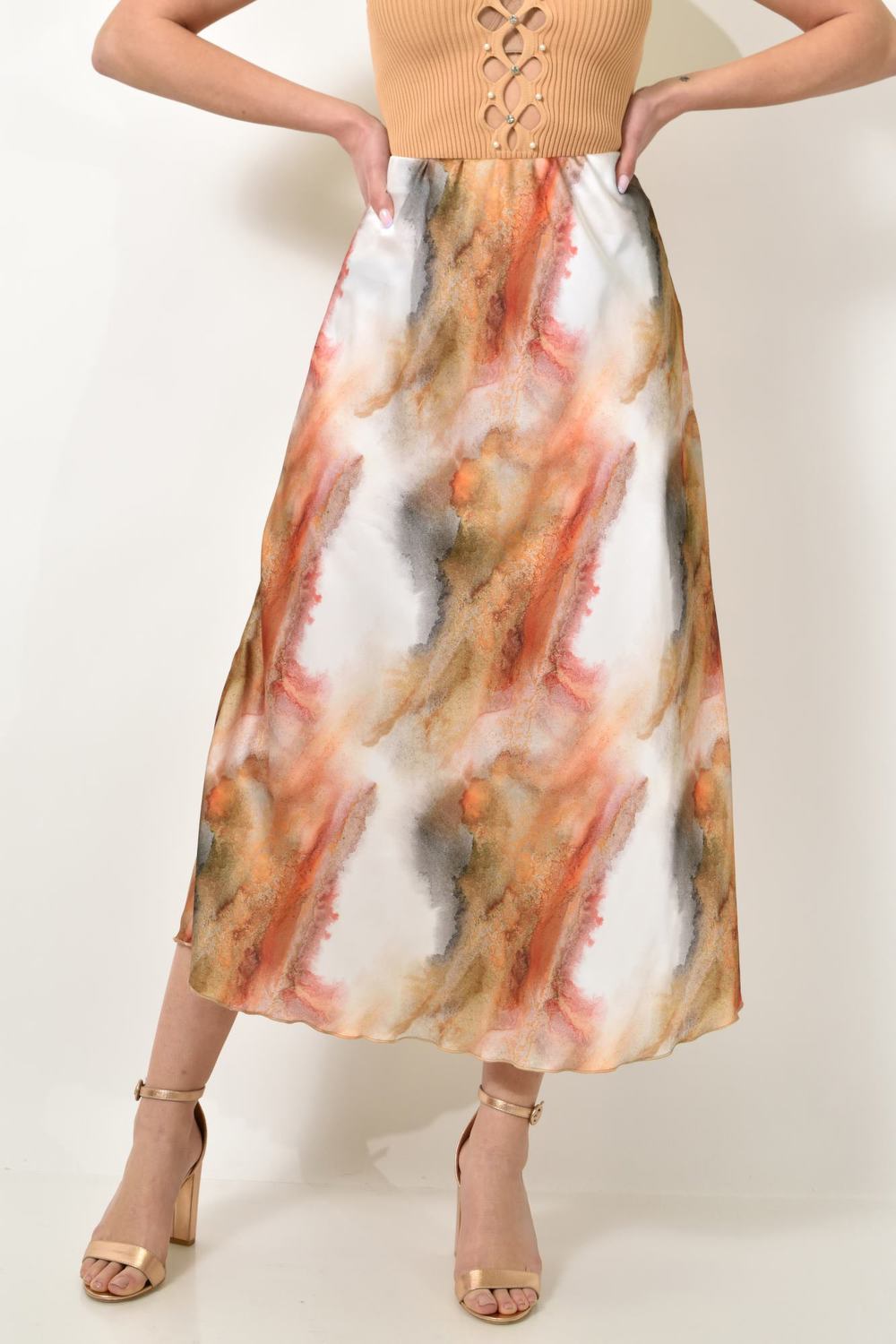 Midi φούστα σατέν tie dye Πορτοκαλί 23527 φωτογραφία