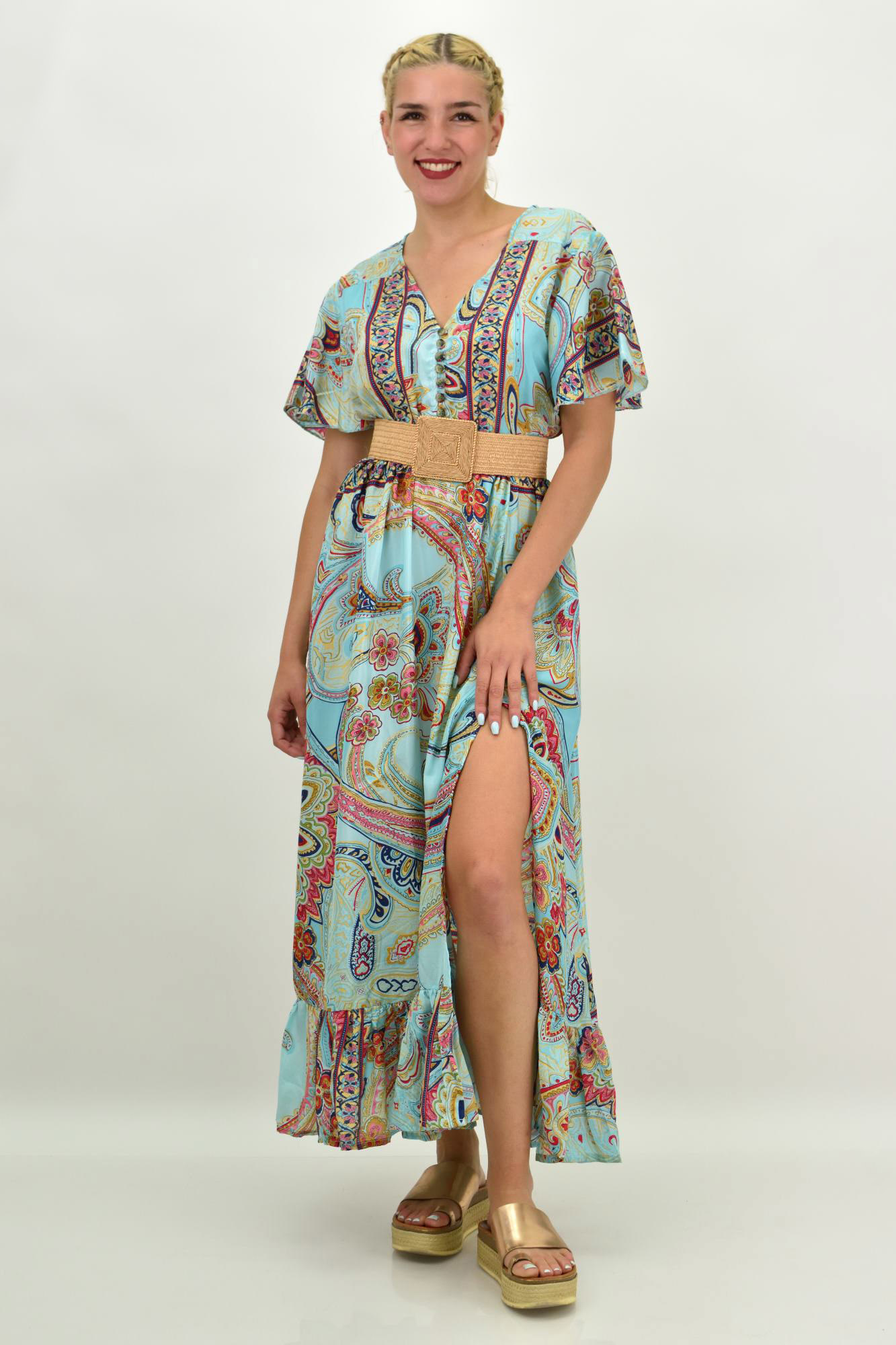Γυναικείο μεταξωτό boho φόρεμα με κουμπιά χωρίς ζώνη Μέντα 20980