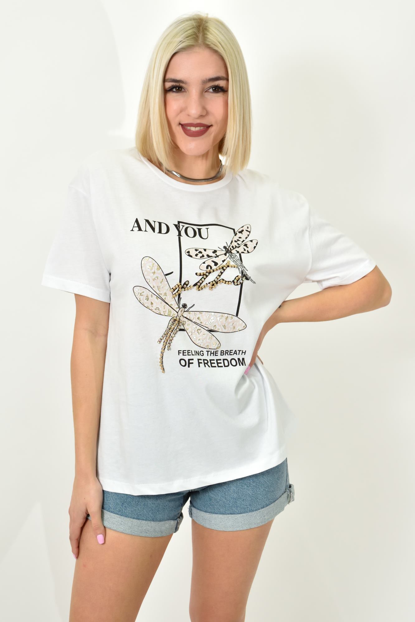 Γυναικείο T-shirt με σχέδιο και στρας Λευκό 23161