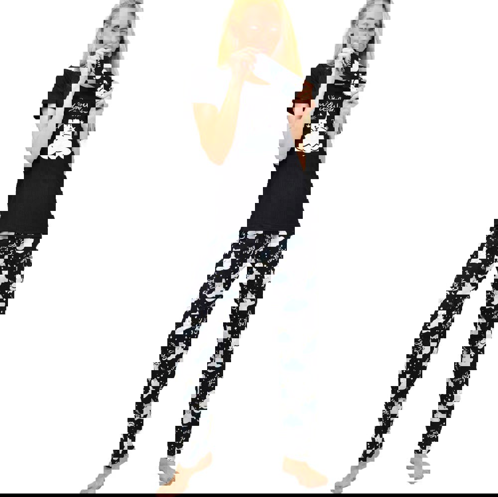 Γυναικεία πιτζάμα σετ με σχέδιο γατούλες και μάσκα ματιών Μαύρο 14302