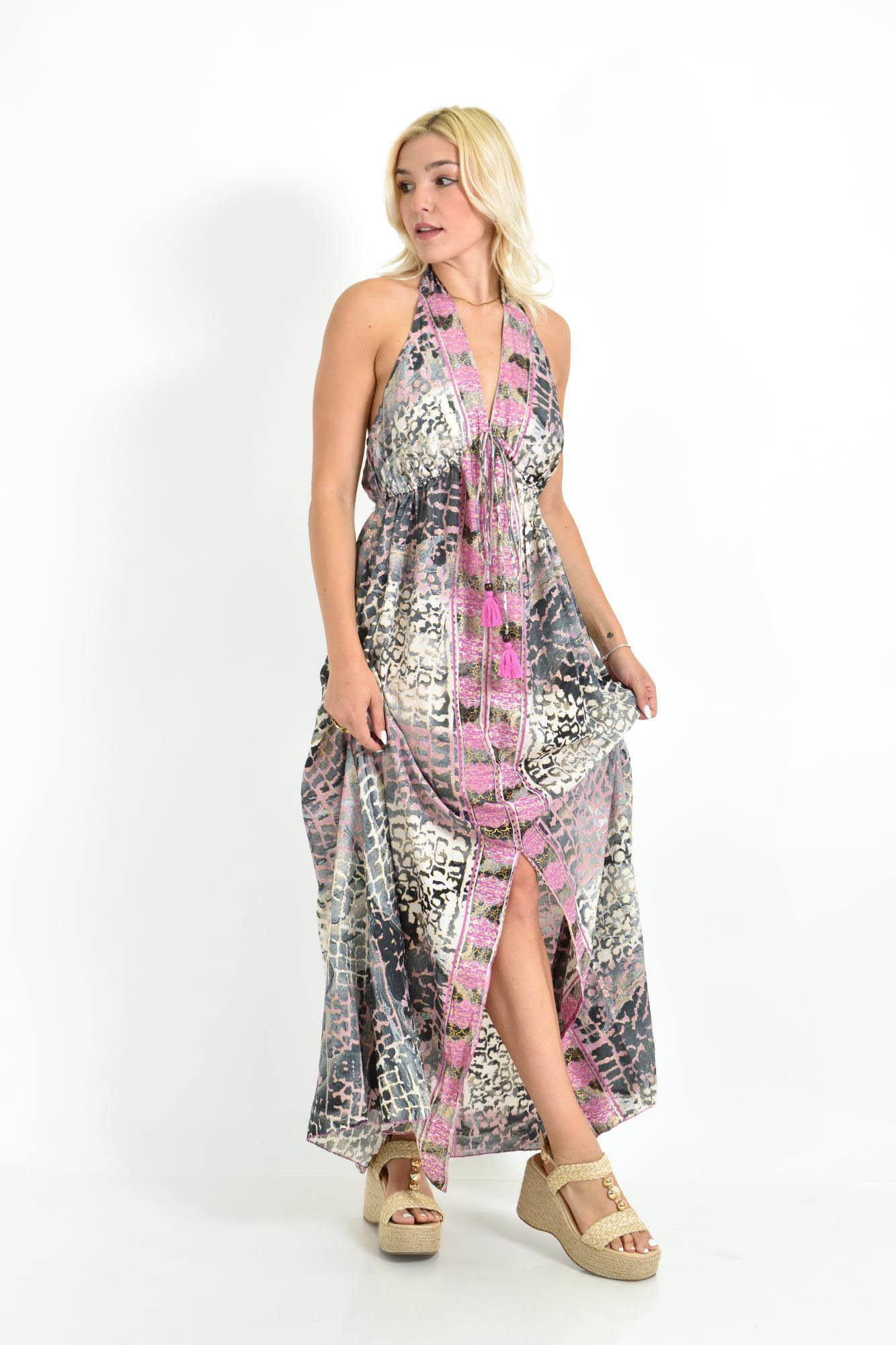 Μάξι Φόρεμα με Animal Print & Δέσιμο στον Λαιμό Φούξια 26702