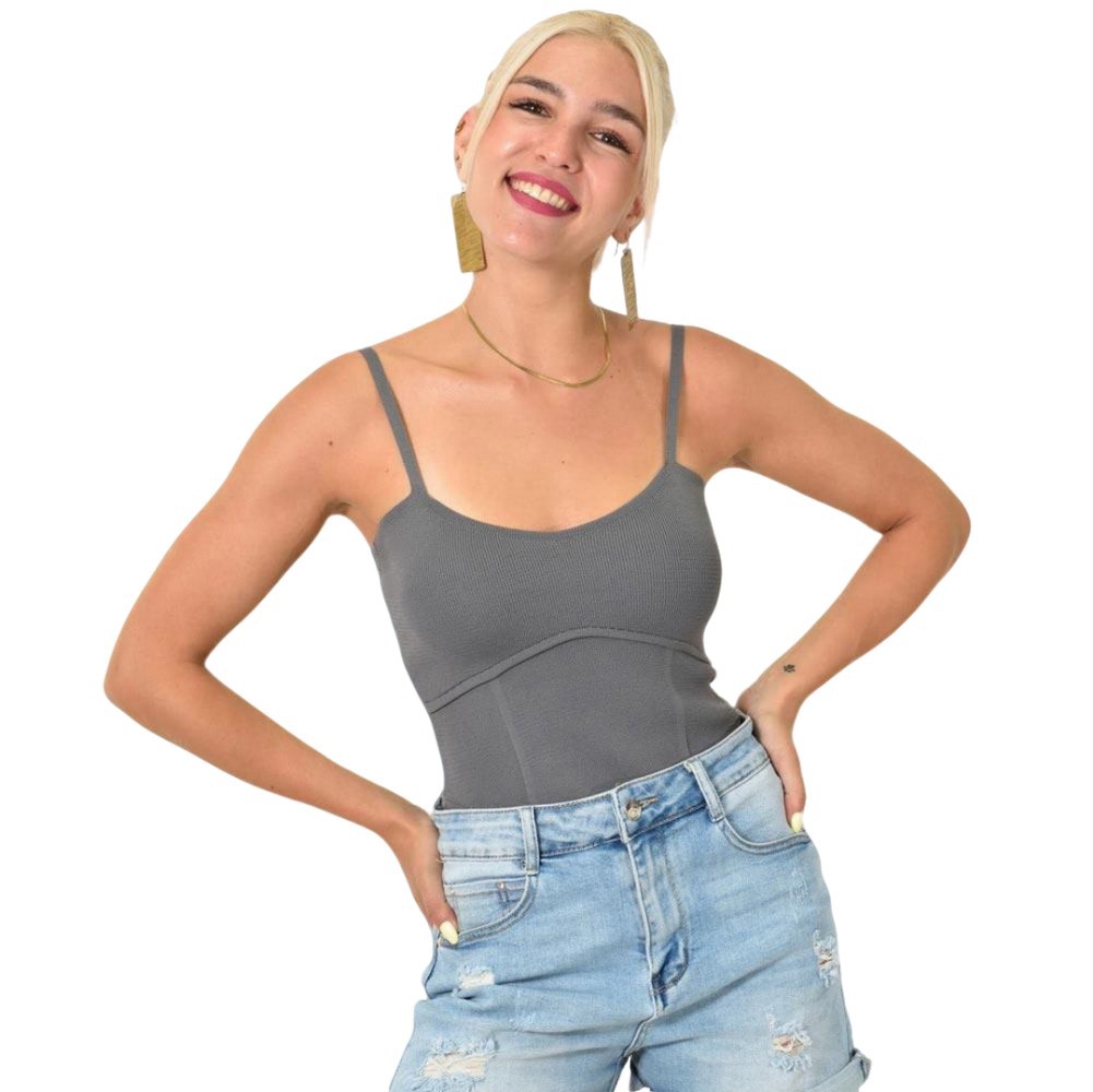 Crop top πλεκτό με λεπτές τιράντες Γκρι 25187