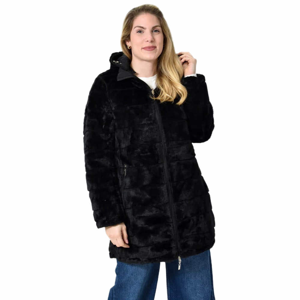 Μπουφάν Διπλής Όψεως (Ντουμπλφας) με Γούνα & Κουκούλα - Μαύρο Μαύρο 27329