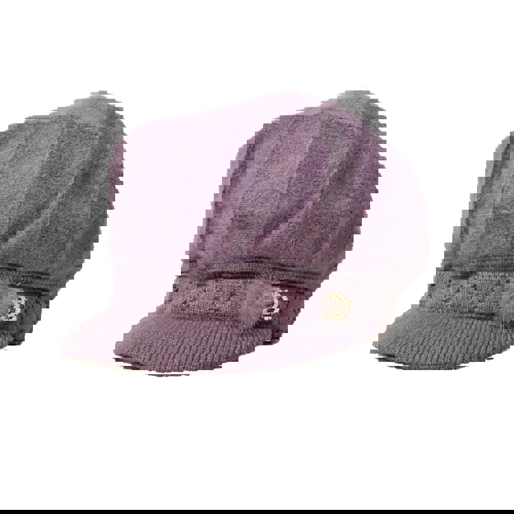 Γυναικείο πλεκτό καπέλο με γείσο και φουντάκι Μωβ 22725