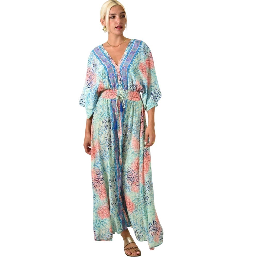 Maxi φόρεμα με V λαιμόκοψη Κοραλί 25426