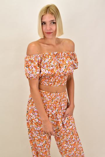  - Γυναικείο σετ φλοράλ με crop top και παντελόνα σε πορτοκαλί αποχρώσεις