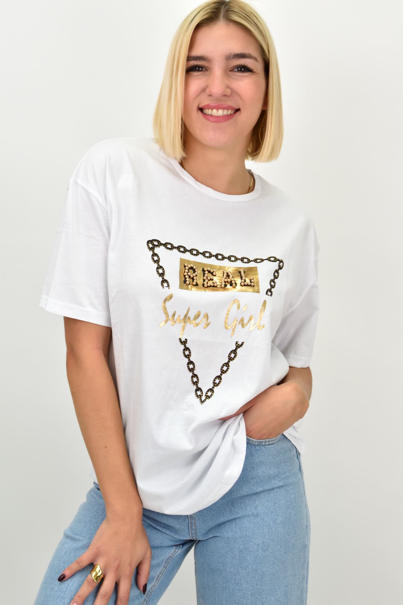 Γυναικείο T-Shirt με Χρυσό-Μαύρο Τύπωμα Real & Πέρλες Λευκό 22273