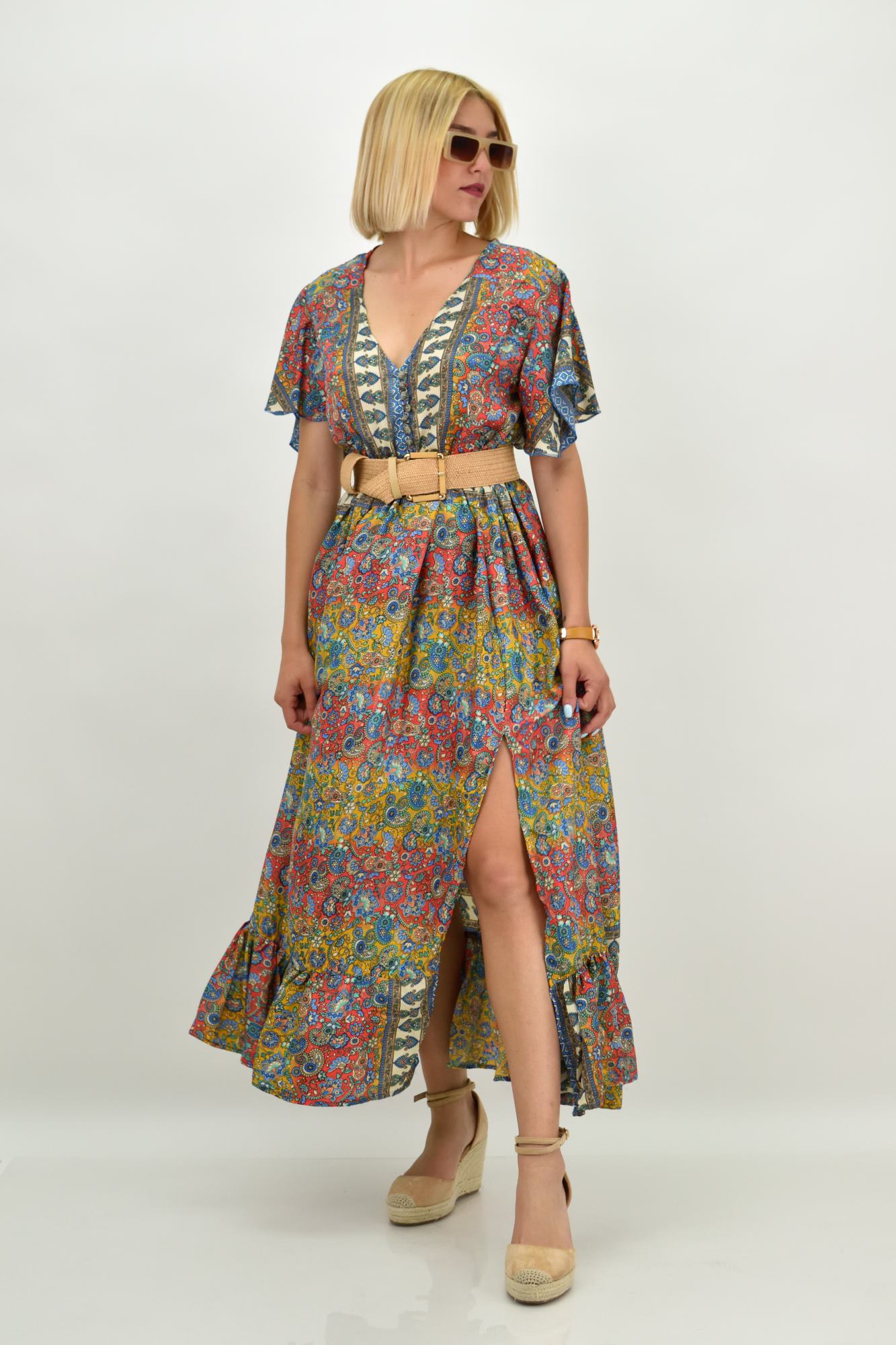 Γυναικείο μεταξωτό boho φόρεμα με κουμπιά χωρίς ζώνη Κόκκινο 20908