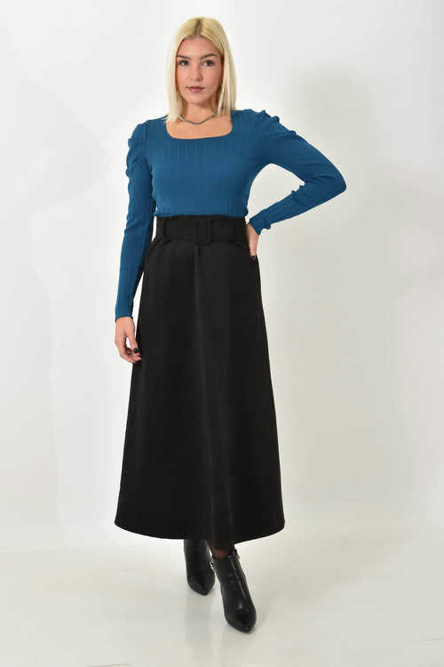 Μίντι σουέτ φούστα με ζώνη μαύρο