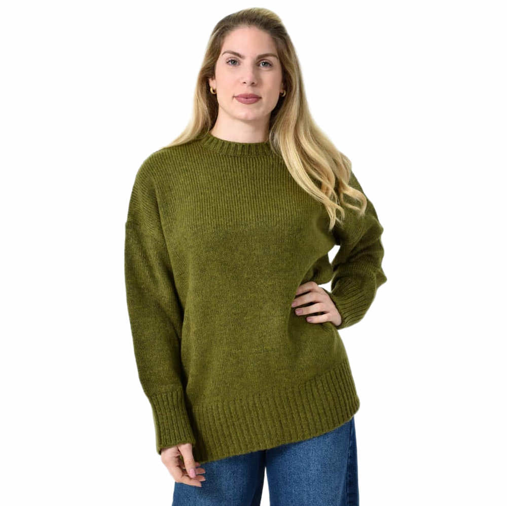 Oversized Πλεκτή Μπλούζα με Στρογγυλή Λαιμόκοψη & Ριμπ Λεπτομέρειες Χακί 27299