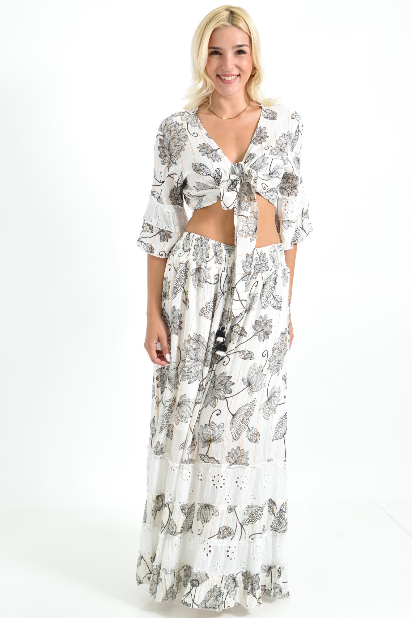 Boho Σετ Crop Top & Φούστα με Τρυπητές Λεπτομέρειες Μαύρο 26626