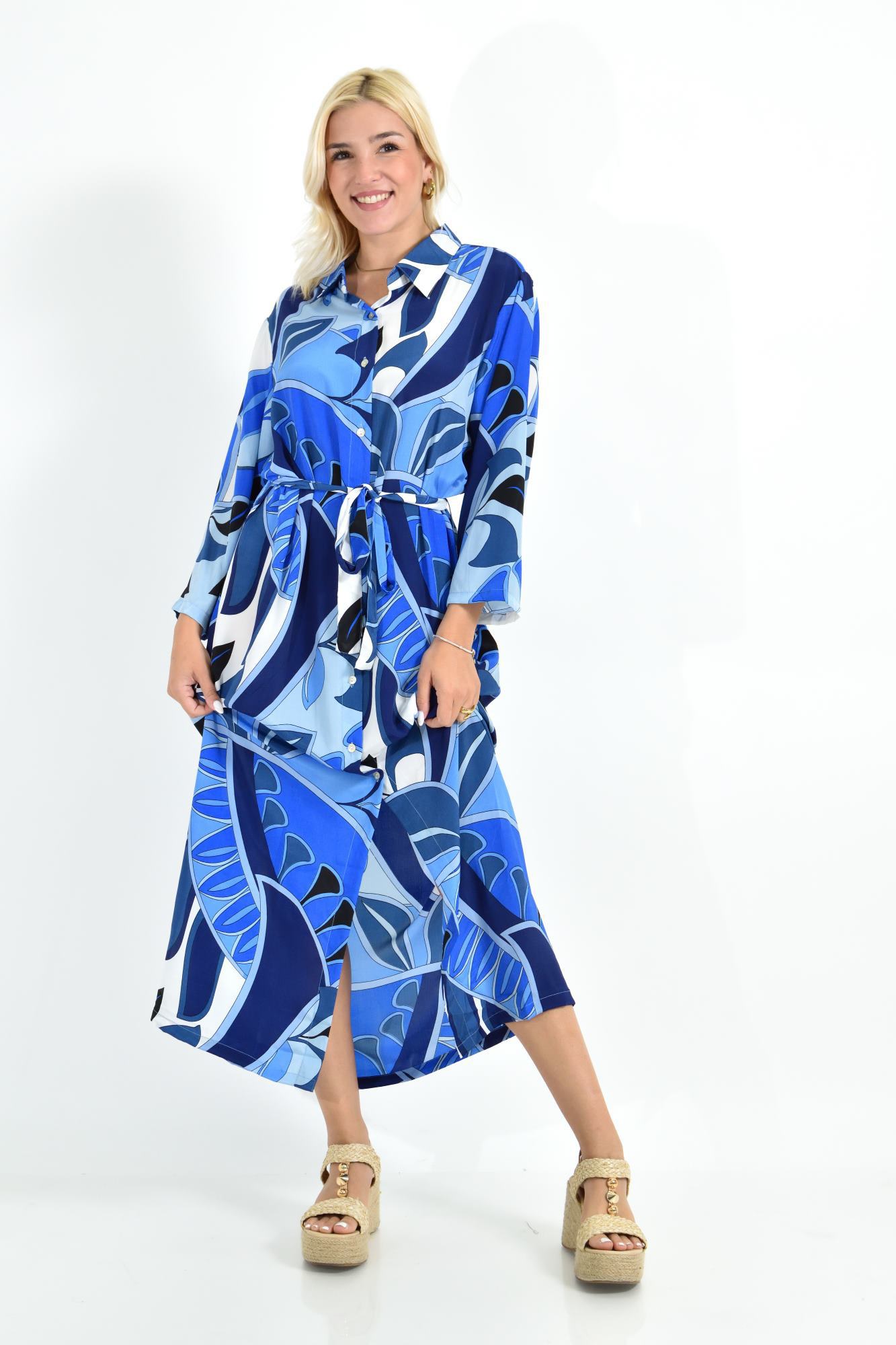 Μακρύ Πουκαμισοφόρεμα με Ζωηρό Tropical Print & Ζωνάκι Μπλε 26650