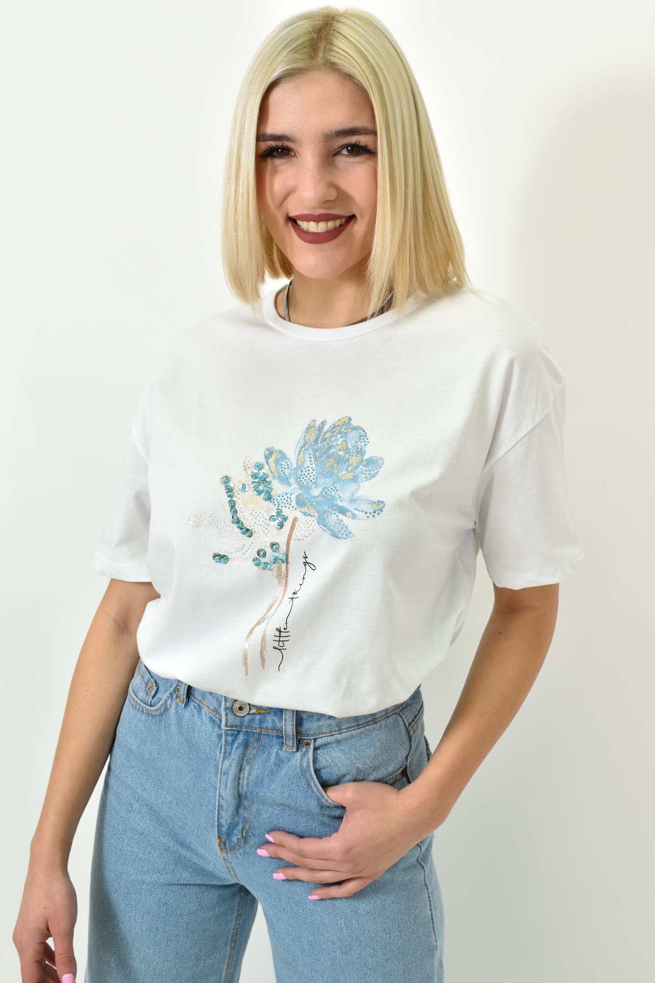 Γυναικείο T-shirt με σχέδιο και στρας λουλούδι Λευκό 23194
