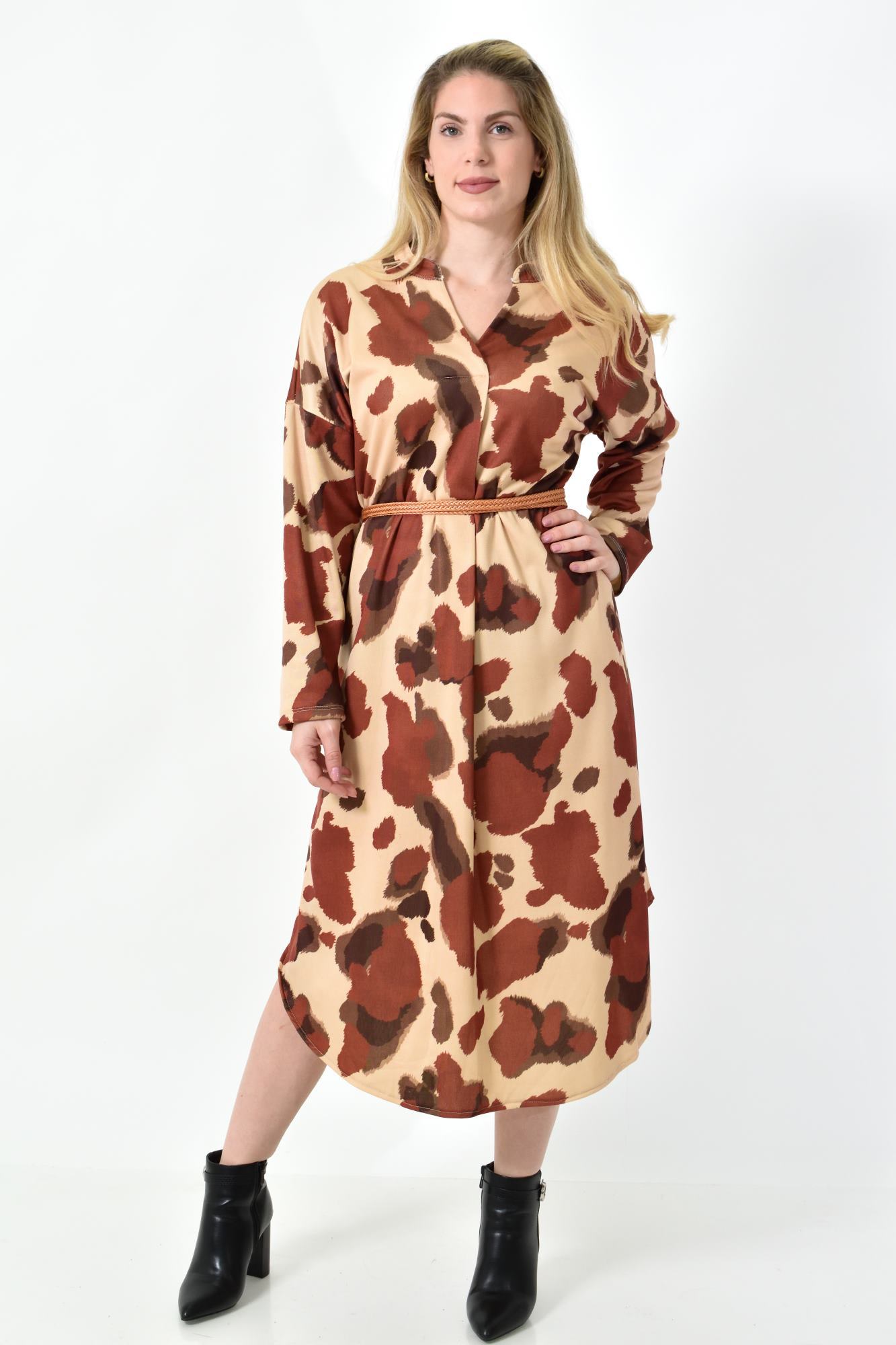 Midi Σεμιζιέ Φόρεμα Abstract Animal Print - Άνετη Γραμμή Κεραμιδί 27288