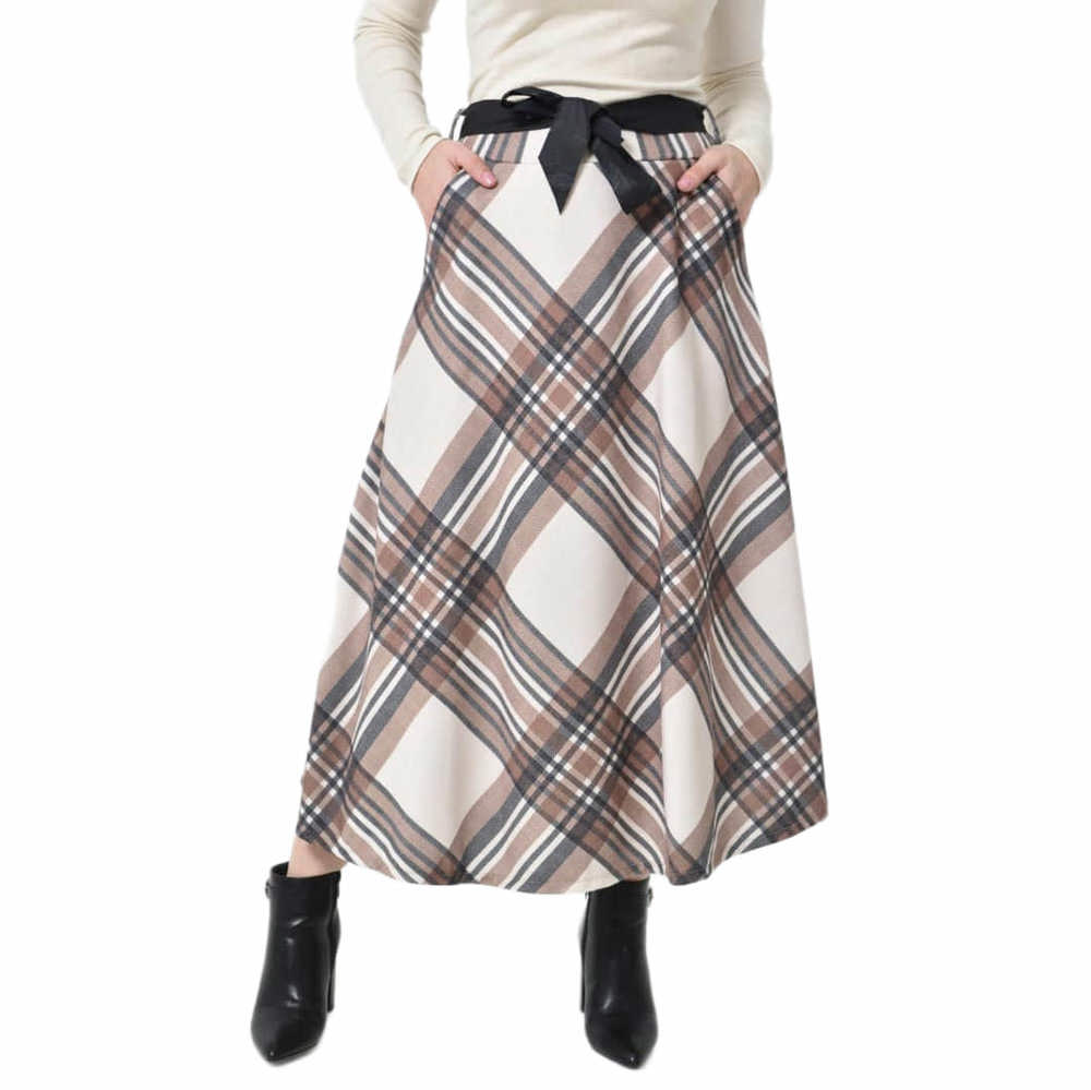 Ψηλόμεση Midi Καρό Φούστα με Λάστιχο, Τσέπες & Ζώνη Εκρού 27227