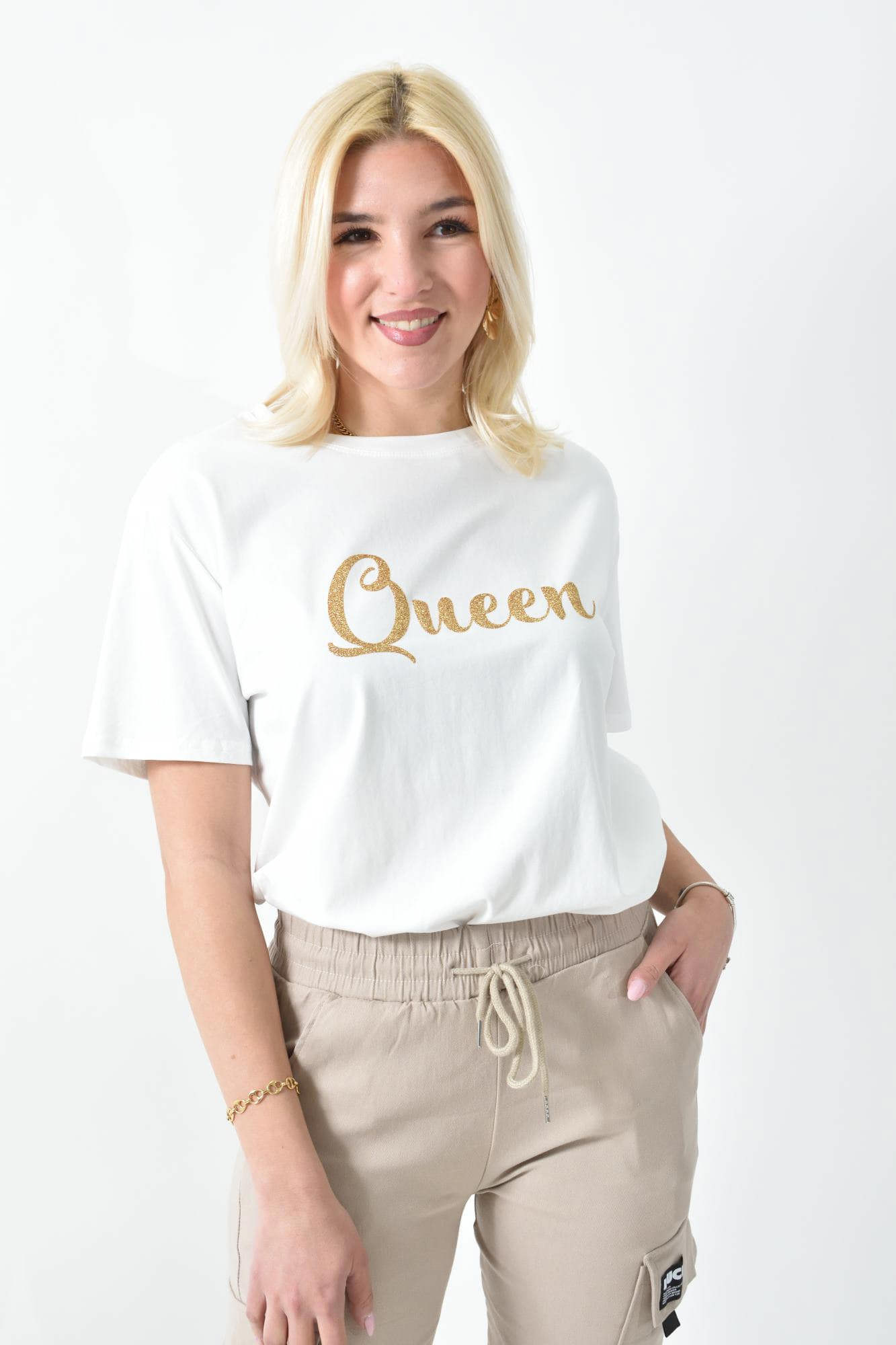 Γυναικείο T-shirt με χρυσό τύπωμα Queen Λευκό 26385