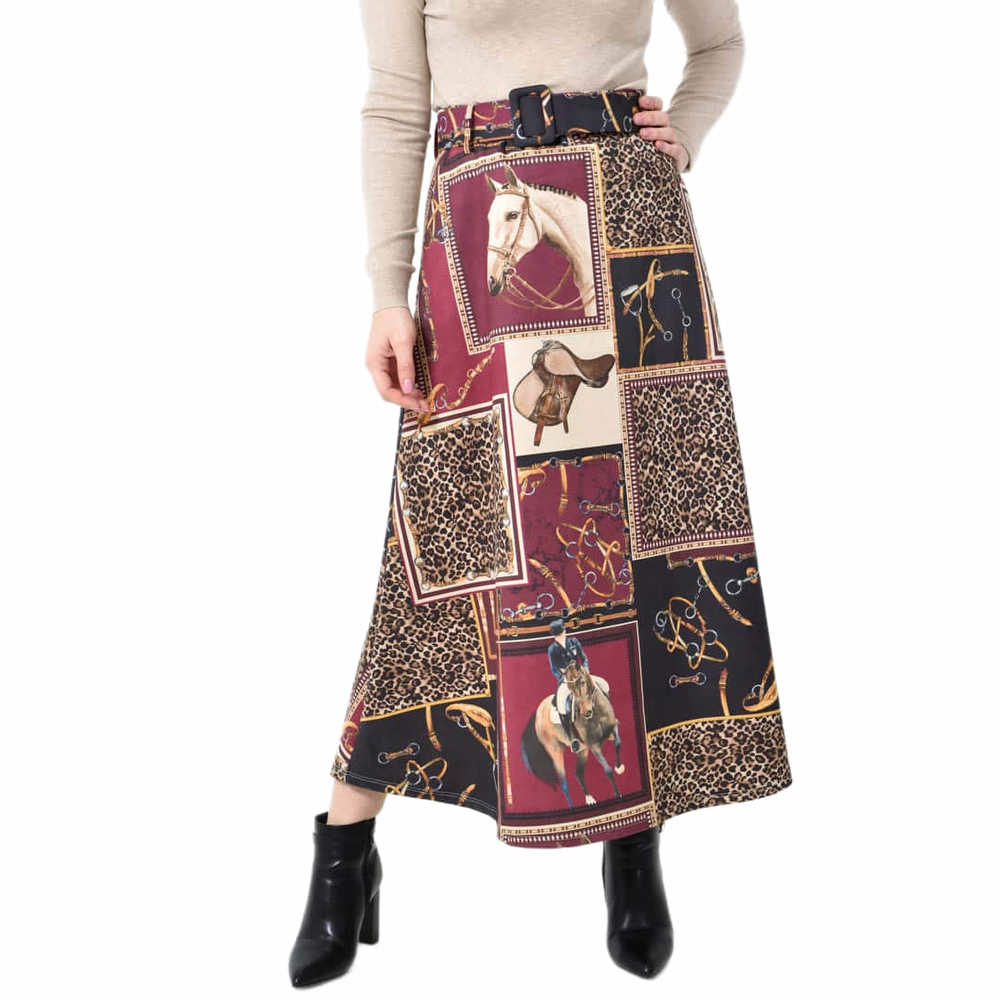 Potre OR Ψηλόμεση Midi Φούστα Εβαζέ με Ασορτί Ζώνη Μπορντώ 27253