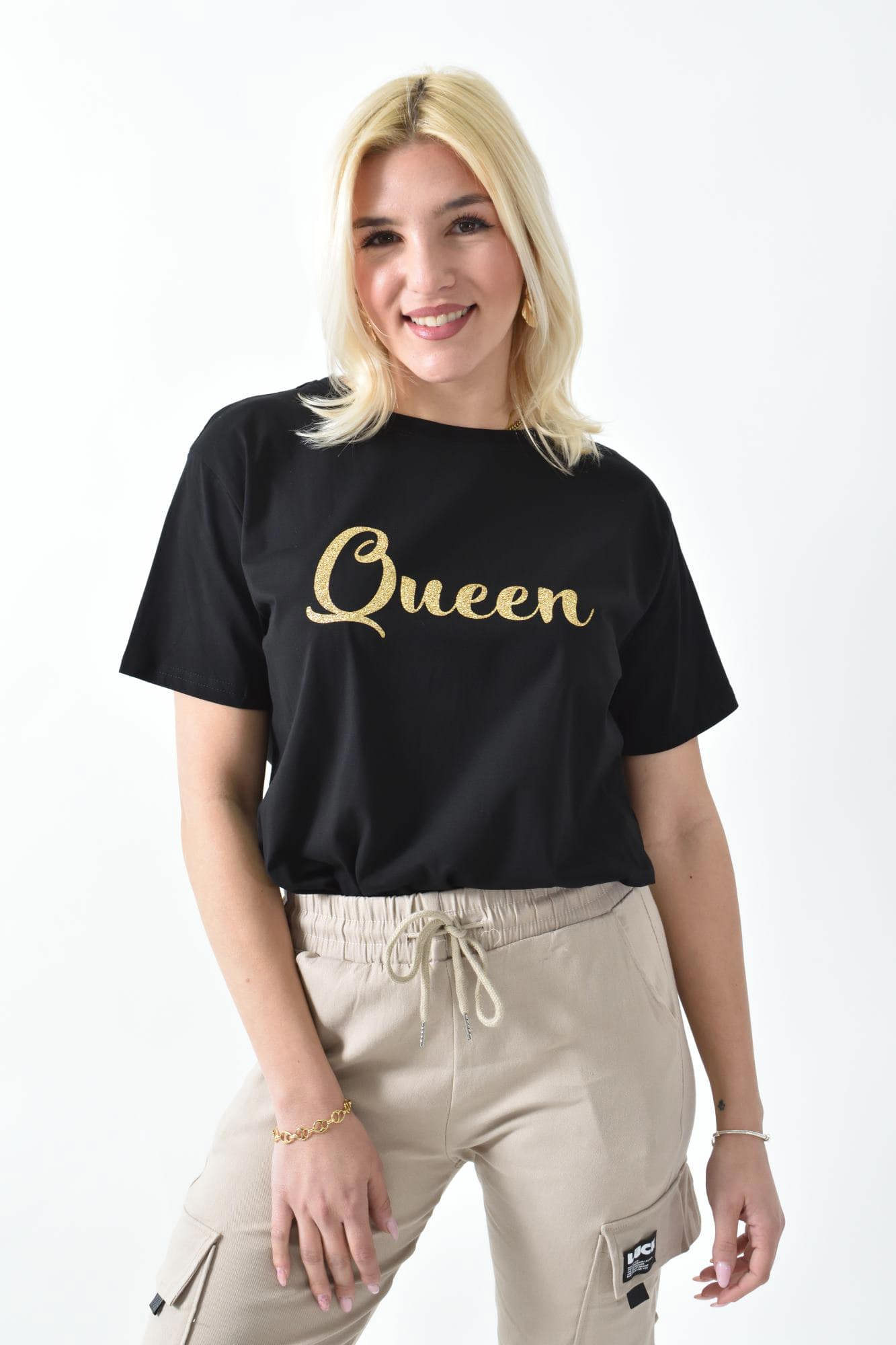 Γυναικείο T-shirt με χρυσό τύπωμα Queen Μαύρο 26384