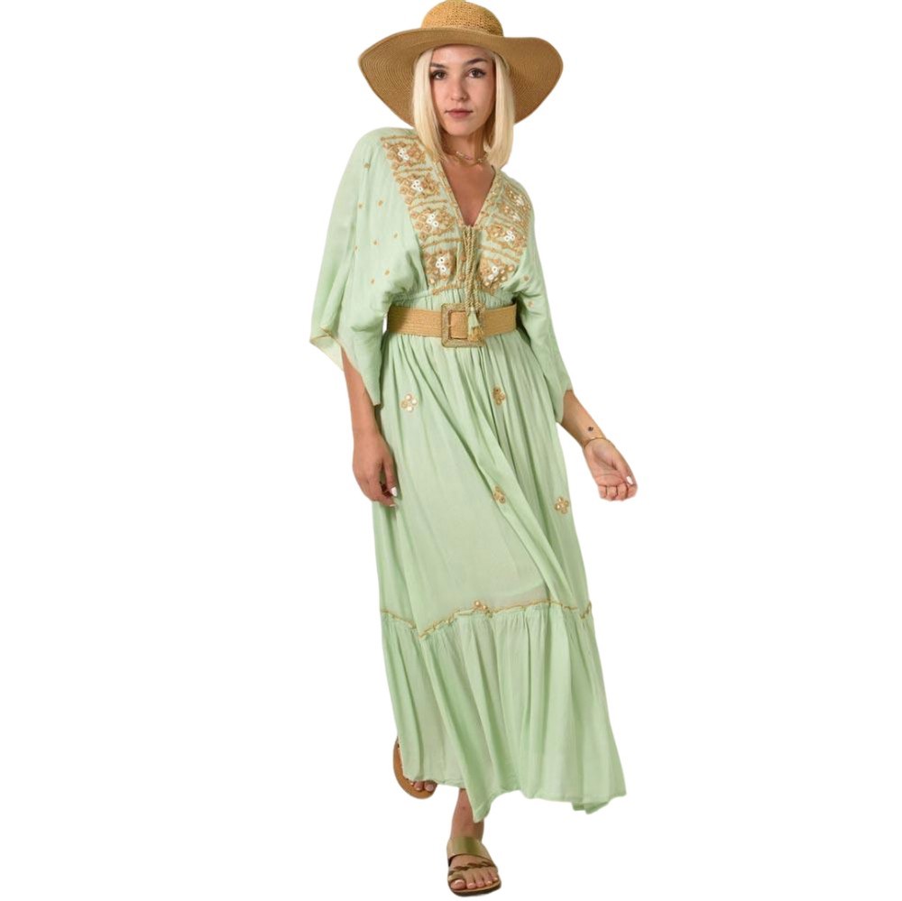 Μακρύ φόρεμα με κεντήματα και κορδόνια Φυστικί 24791