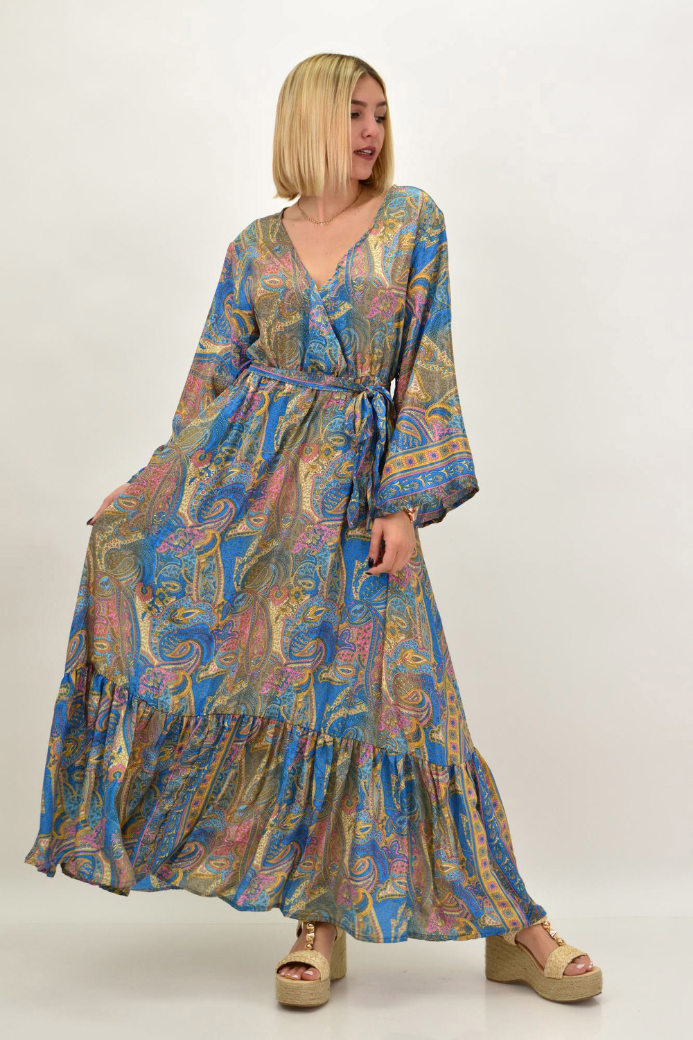 Γυναικείο μεταξωτό boho φόρεμα με ζώνη Μπλε 20511 φωτογραφία
