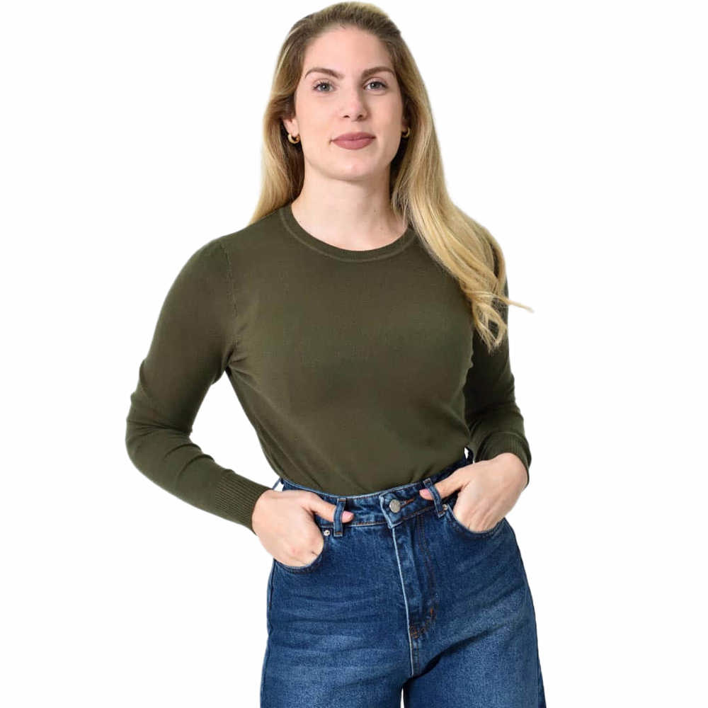 Πλεκτή Μπλούζα Ζέρσεϊ με Στρογγυλή Λαιμόκοψη Κυπαρισσί 27308