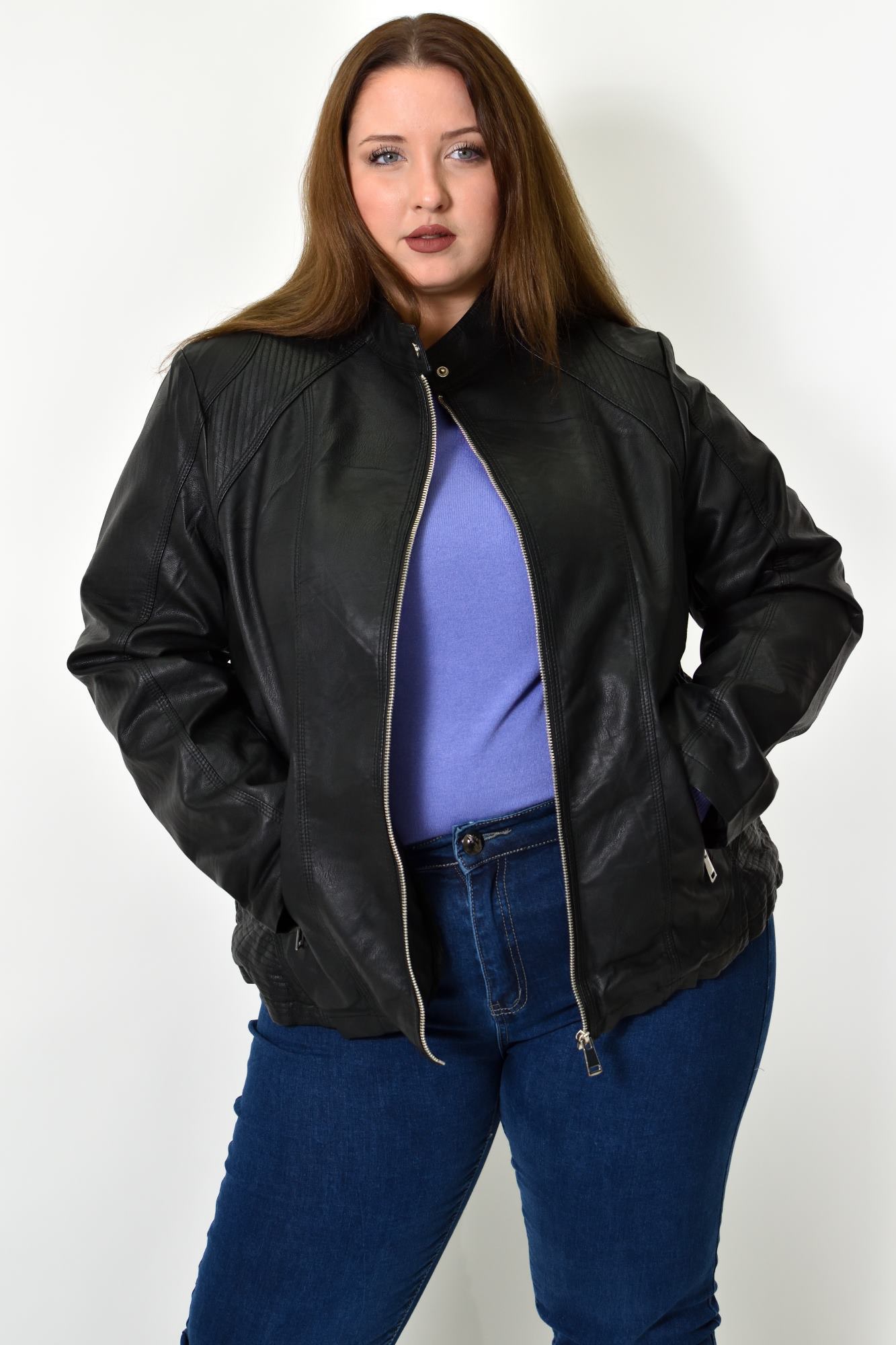 Γυναικείο Plus size δερματίνη μπουφάν Μαύρο 22808