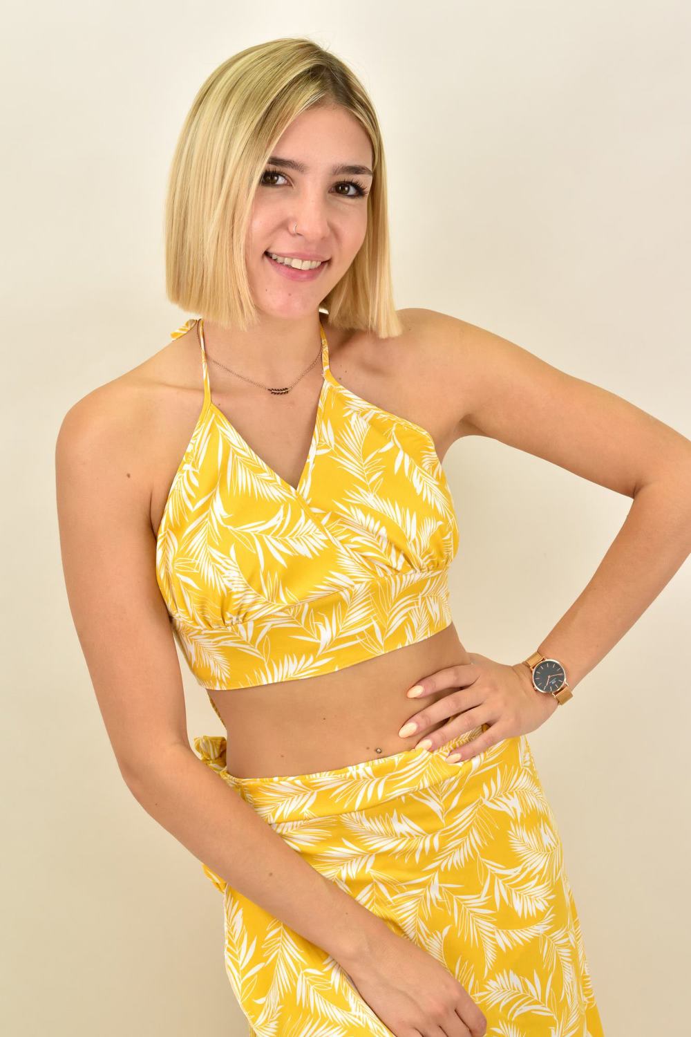 Γυναικείο crop top κρουαζέ φλορραλ Κίτρινο 16843 φωτογραφία