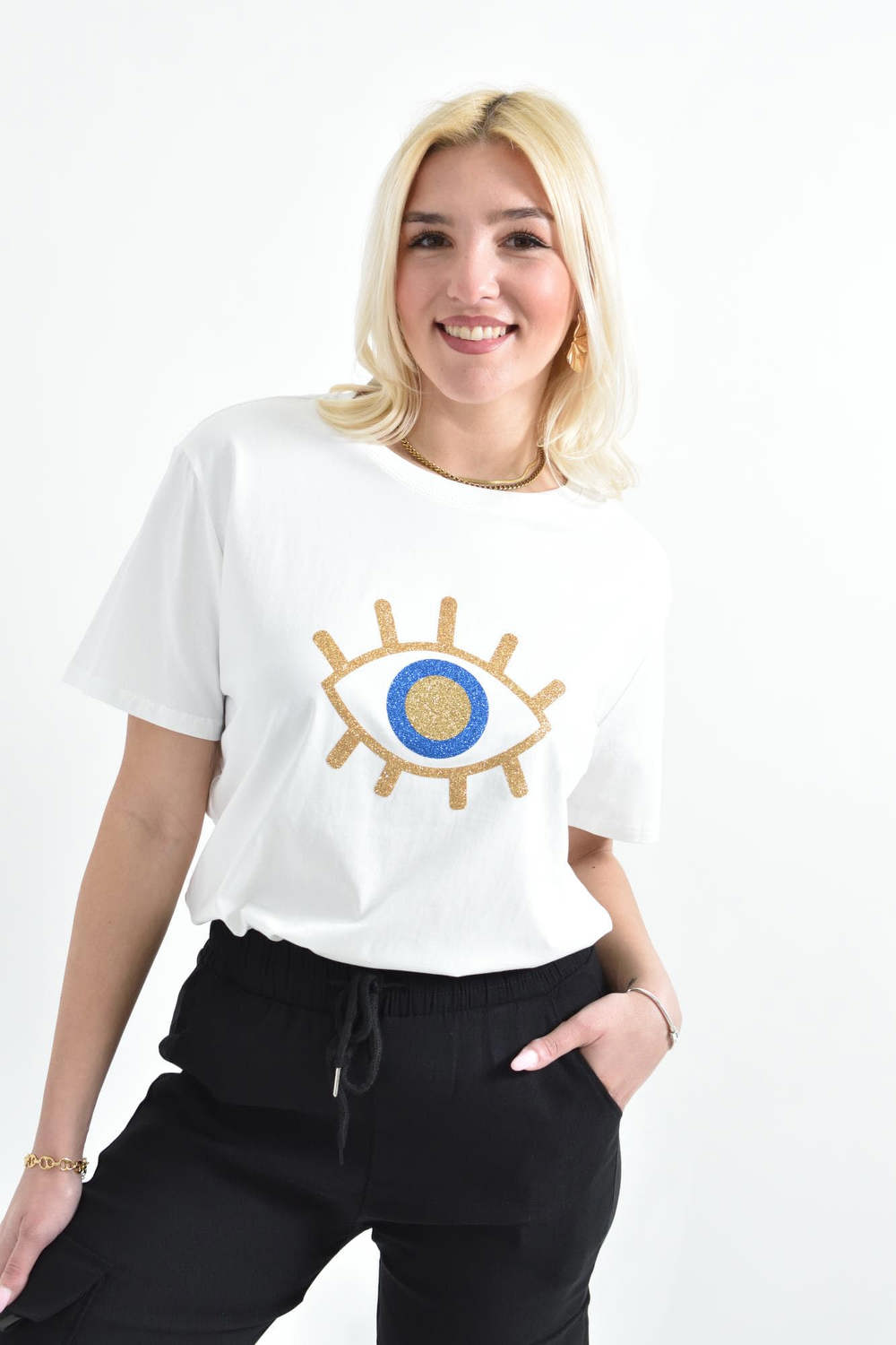 Γυναικείο T-shirt με χρυσό τύπωμα μάτι Λευκό 26393 φωτογραφία