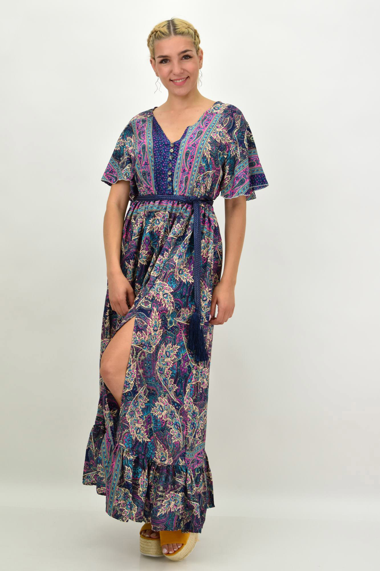 Γυναικείο μεταξωτό boho φόρεμα με κουμπιά χωρίς ζώνη Μπλε Σκούρο 21164