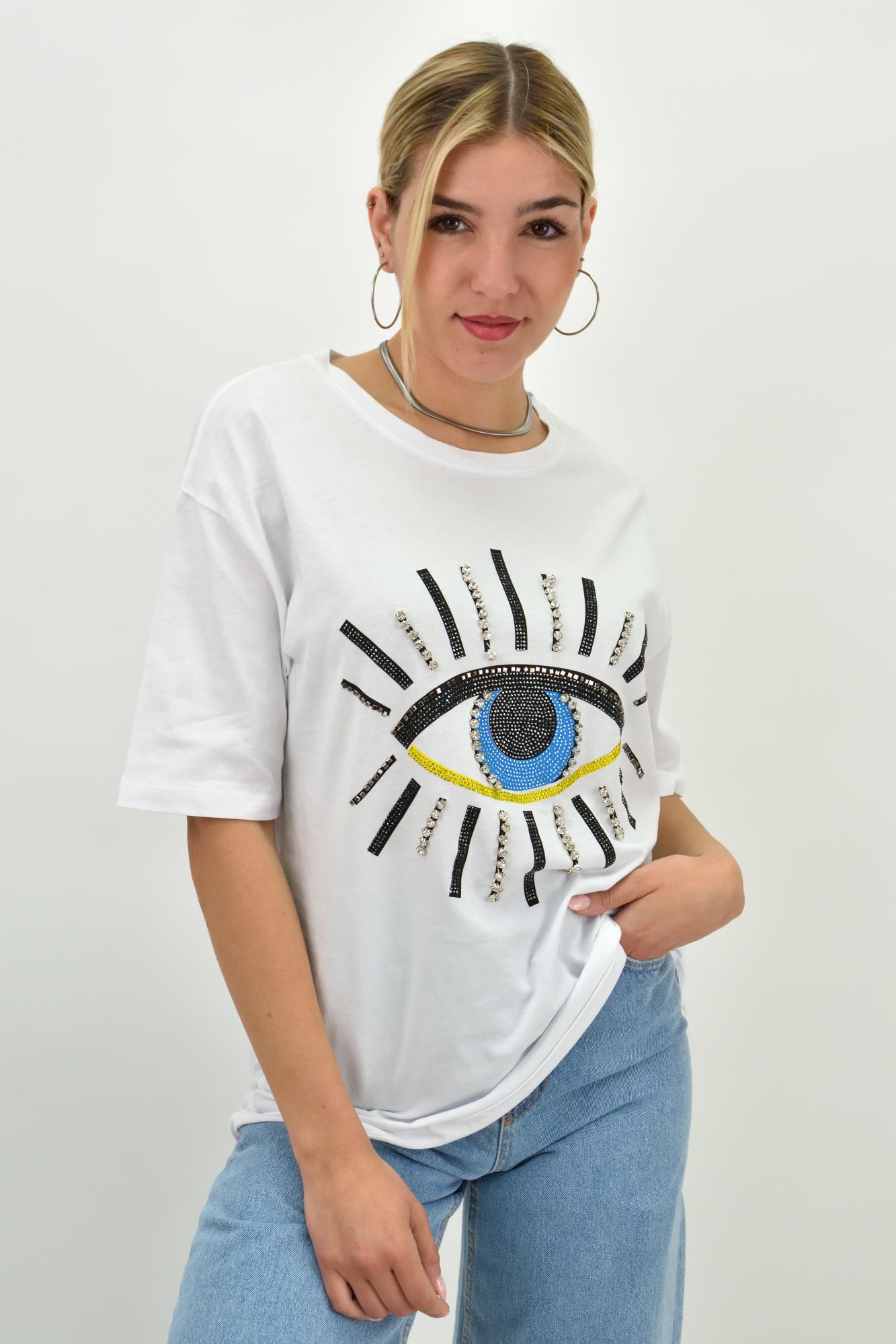 Γυναικείο T-shirt με στρας και σχέδιο μάτι Λευκό 20015