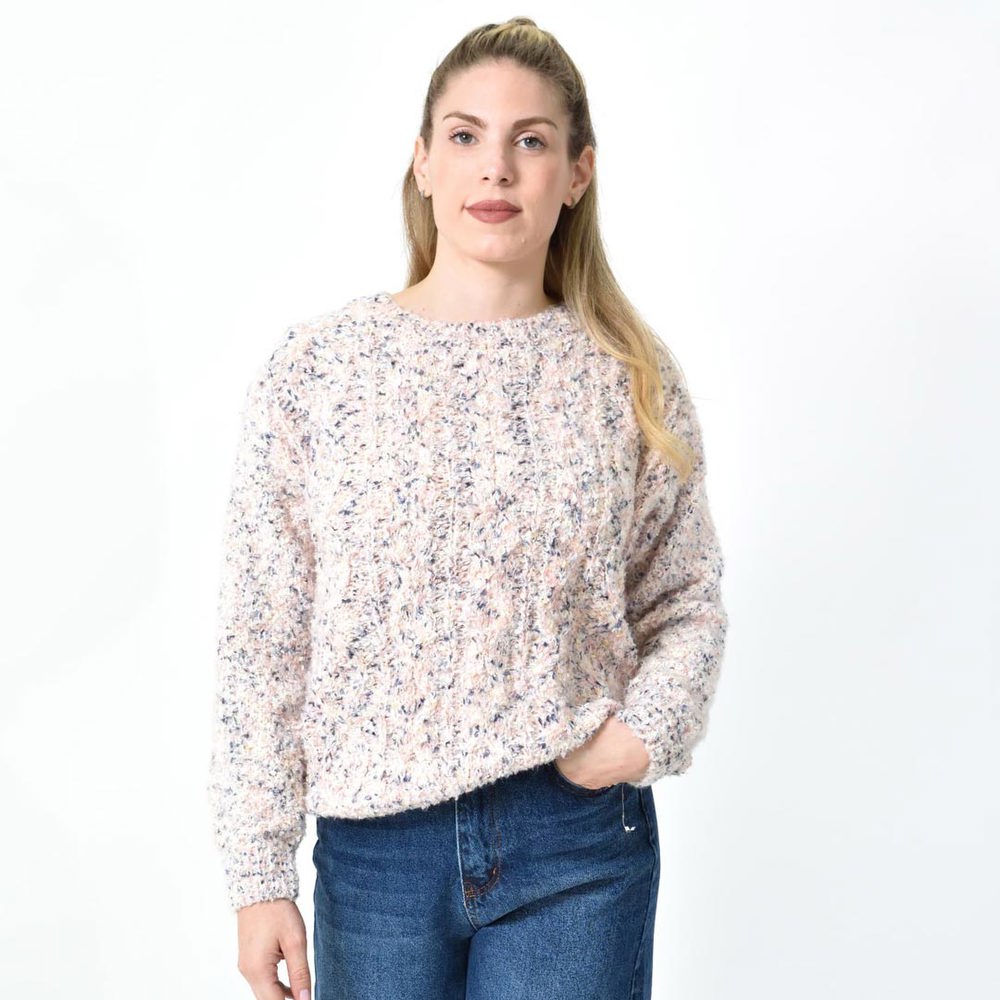 Πλεκτή αφράτη πουλόβερ με πολύχρωμες νηματιές Ροζ 27200