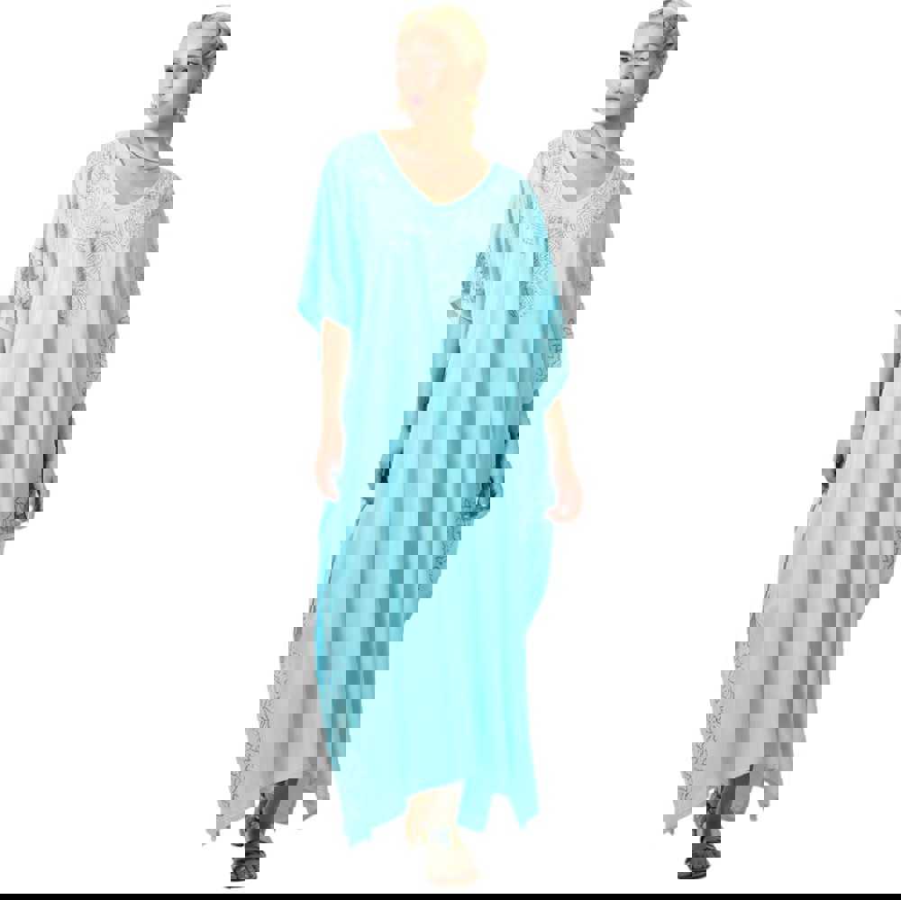 Γυναικείο μονόχρωμο καφτάνι με χρυσό σχέδιο Γαλάζιο 20400