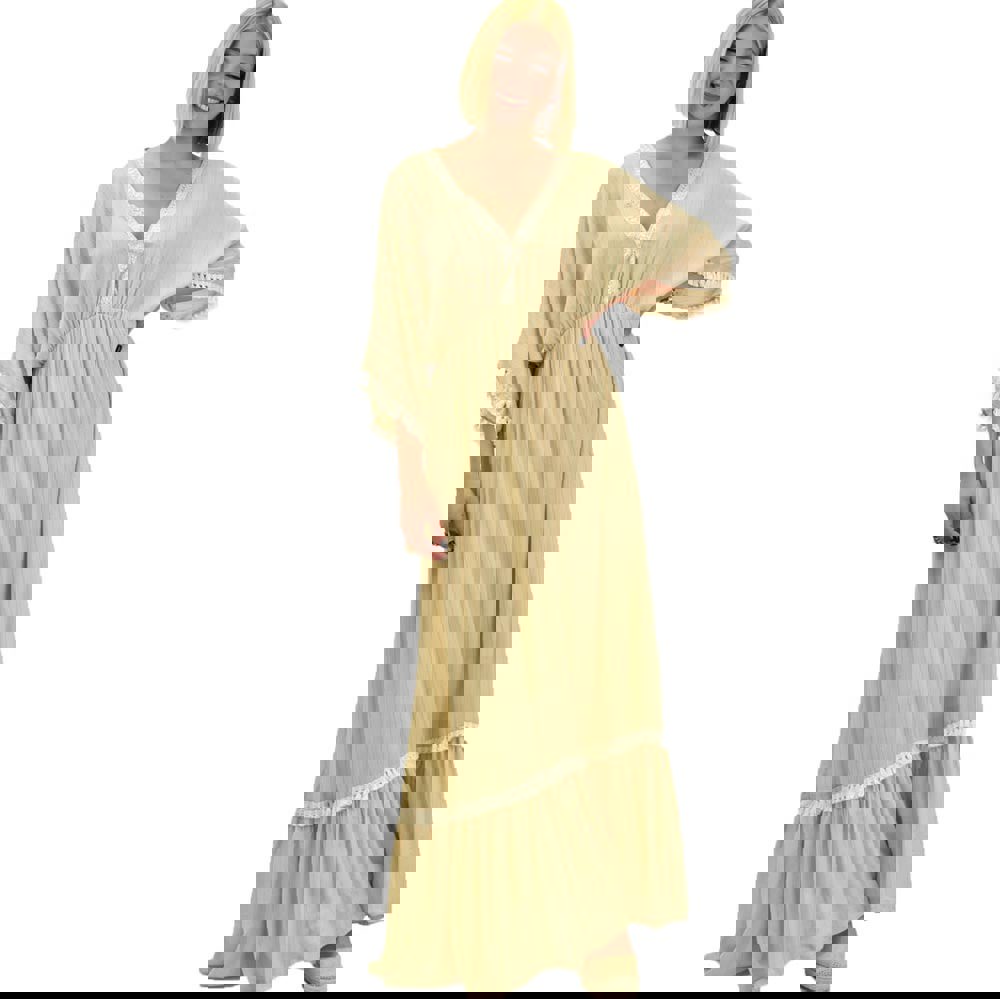 Γυναικείο maxi καφτάνι με κρόσια Μπεζ 20390