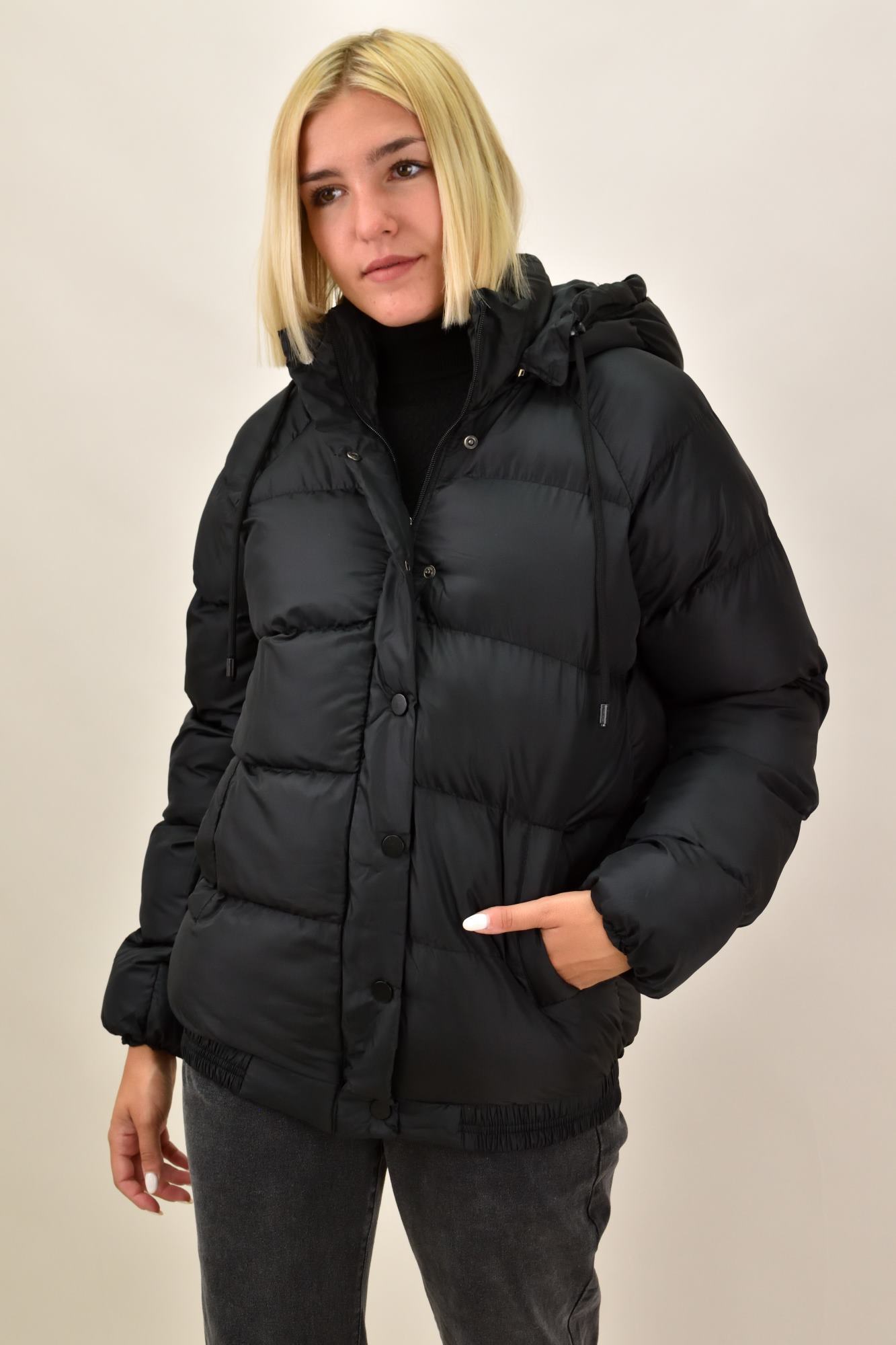 Puffer μπουφάν με αφαιρούμενη κουκούλα Μαύρο 17652