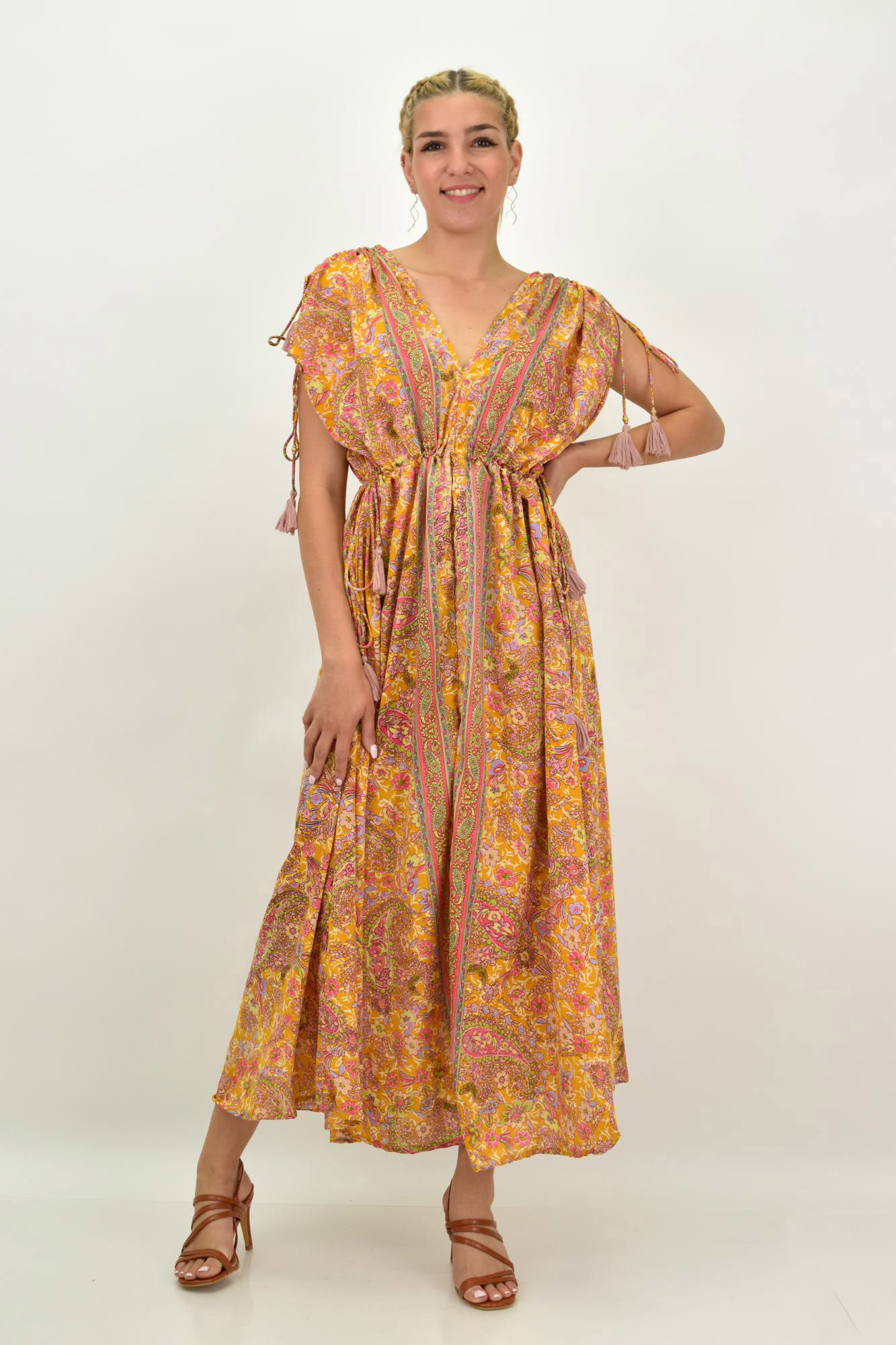 Γυναικείο μεταξωτό boho φόρεμα με κρόσια Μουσταρδί 21271