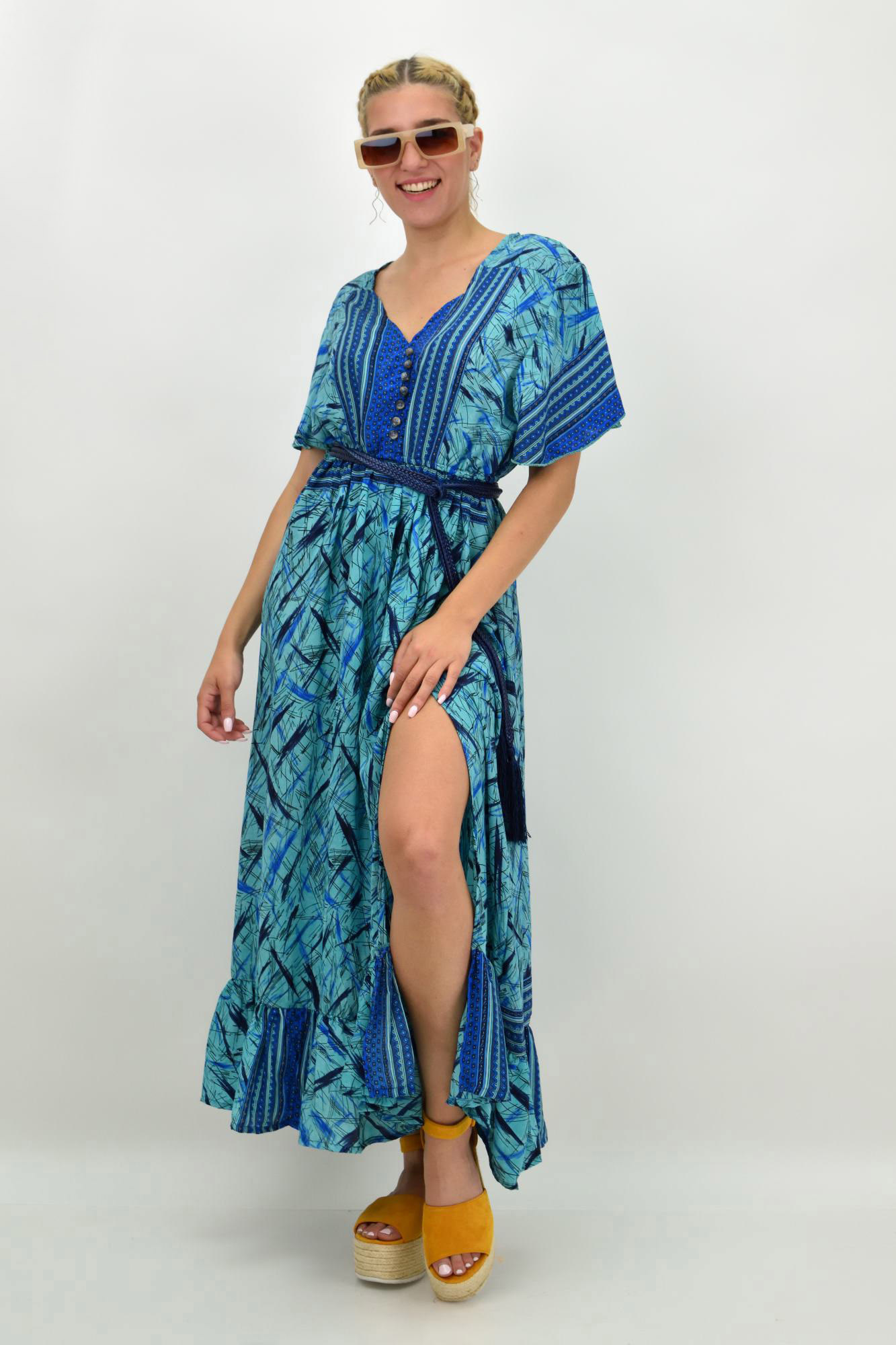Γυναικείο μεταξωτό boho φόρεμα με κουμπιά χωρίς ζώνη Μπλε 21166