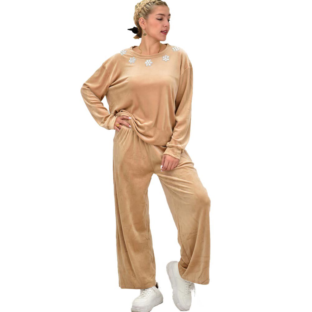Γυναικείο σετ βελουτέ oversized με στρας Μπεζ 22043