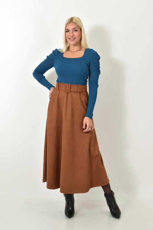 Μίντι σουέτ φούστα με ζώνη κάμελ