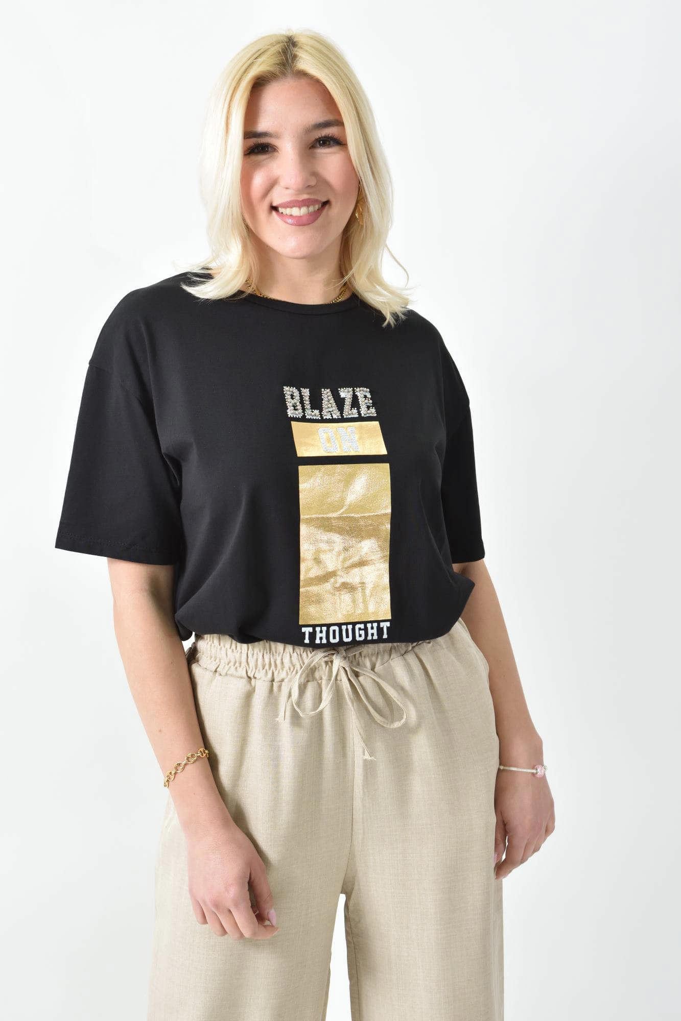 Γυναικείο T-shirt με σχέδιο BLAZE με Στρας & Πέρλες Μαύρο 26422