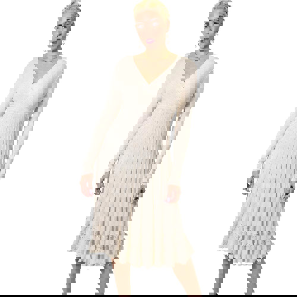 Γυναικείο πλεκτό φόρεμα κρουαζέ midi Εκρού 22540