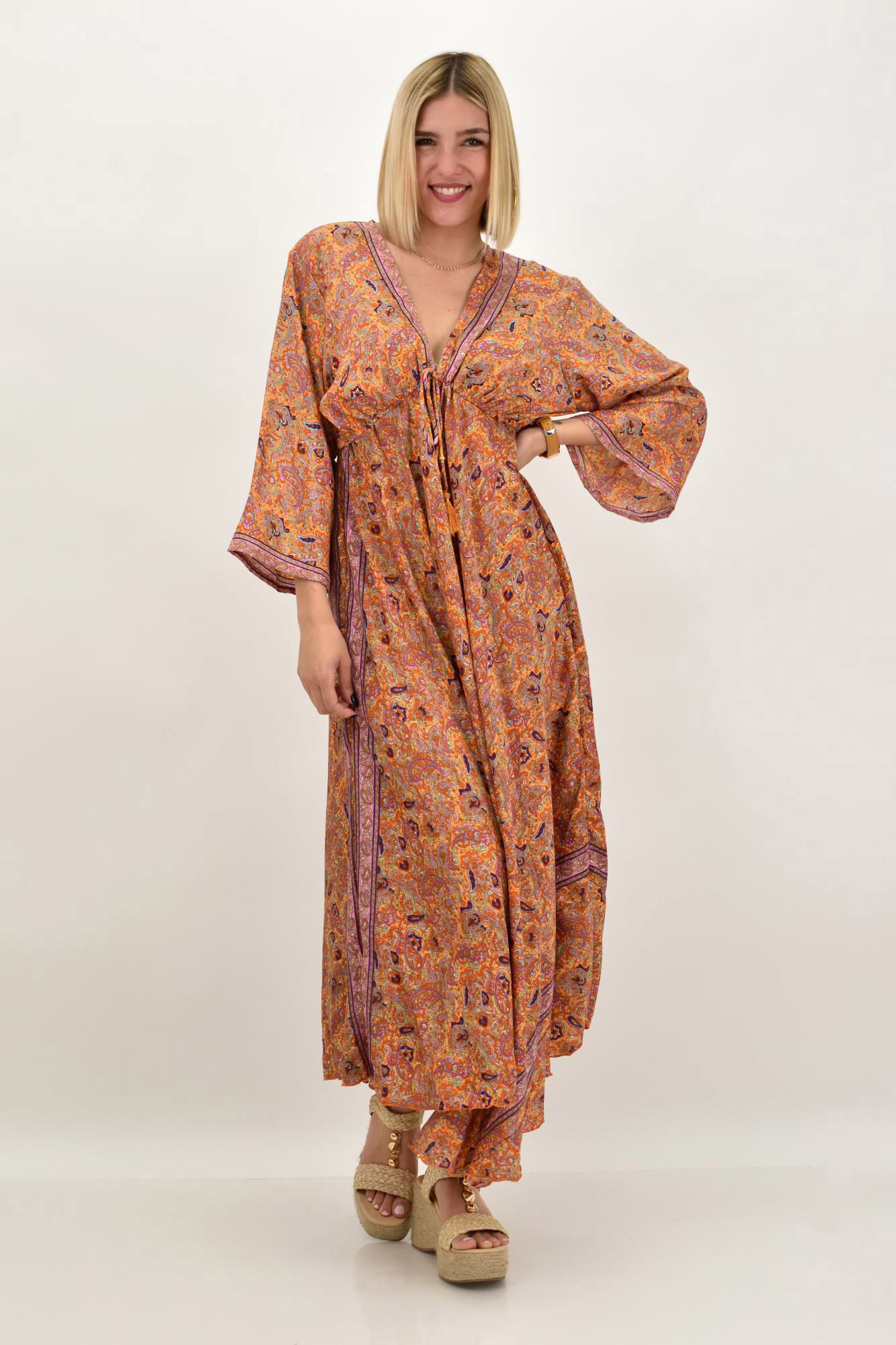 Γυναικείο μεταξωτό boho φόρεμα με κρόσια Πορτοκαλί 20579
