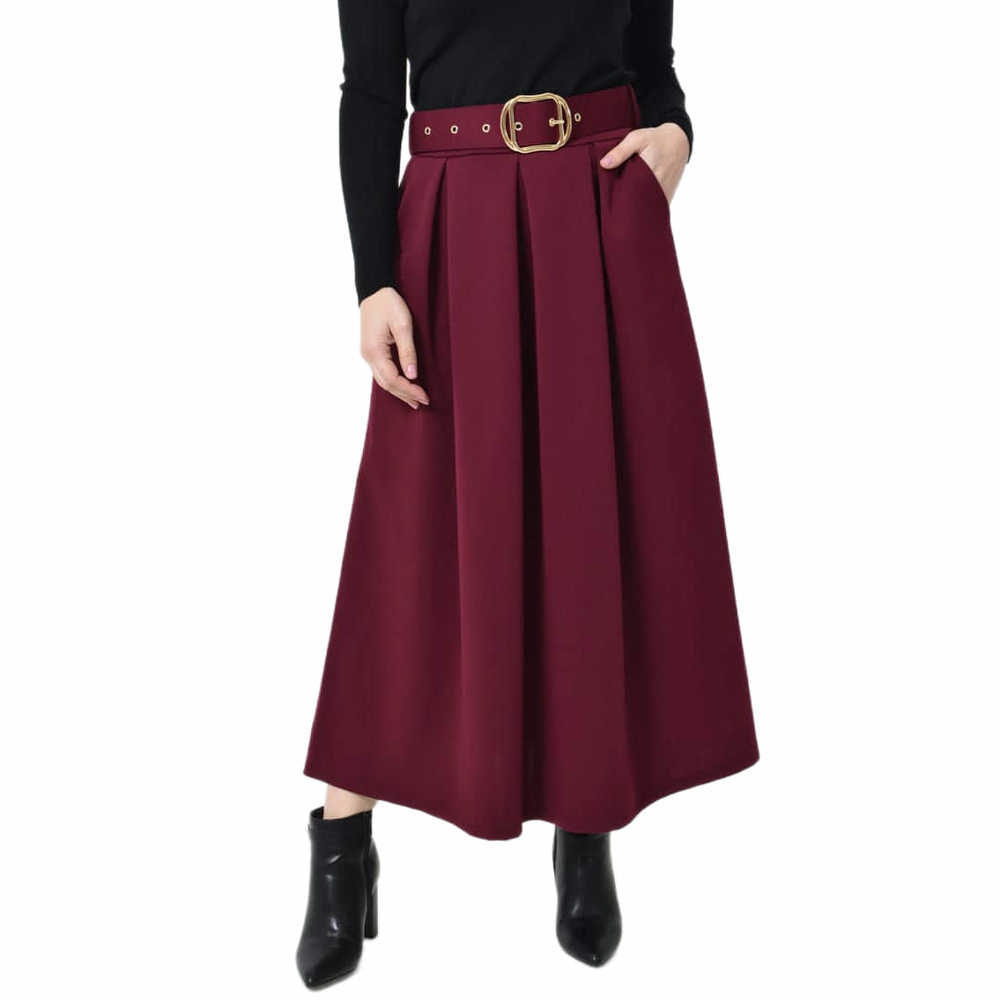 Ψηλόμεση Midi Φούστα με Πιέτες & Ζώνη Μπορντώ 27274