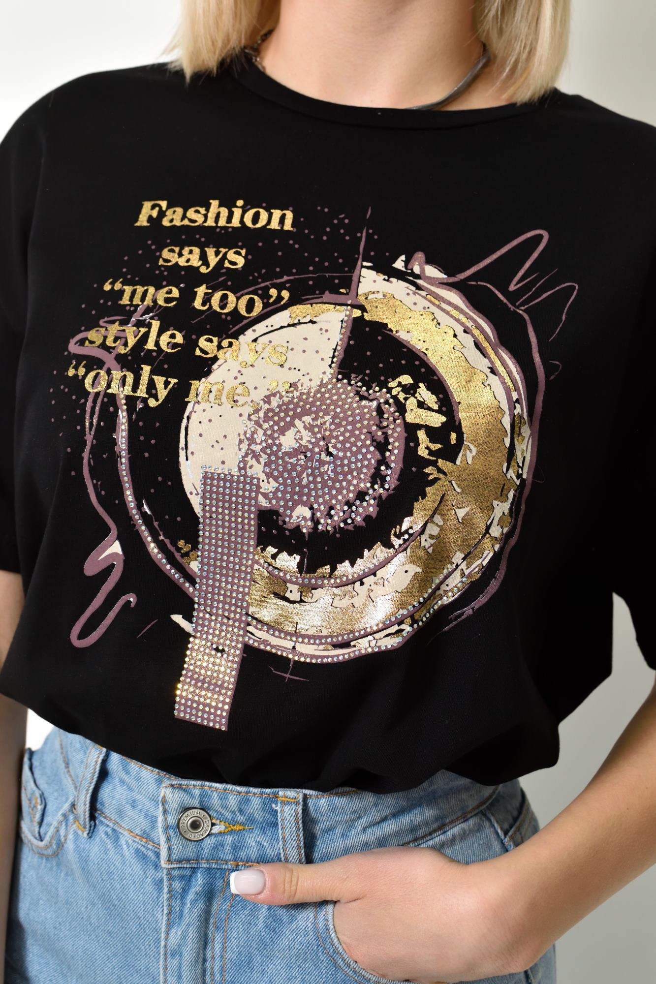 Γυναικείο T-shirt με τύπωμα και στρας Μαύρο 23769