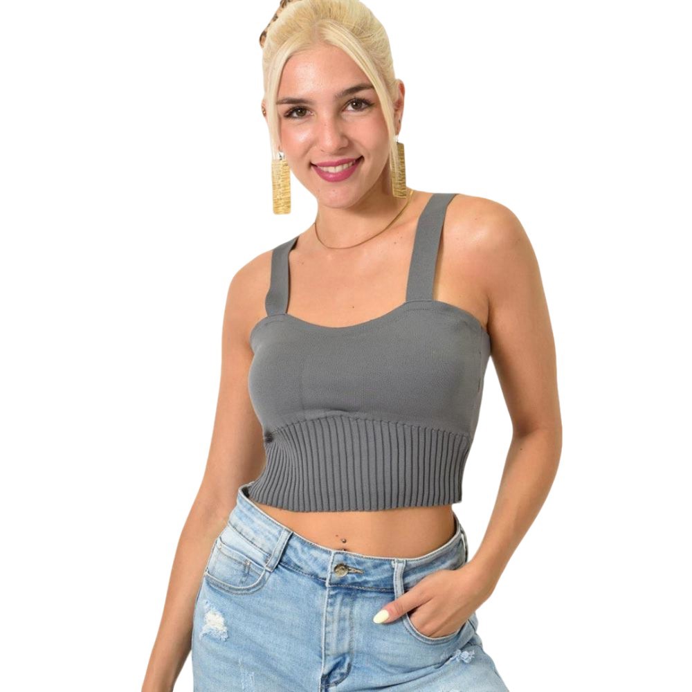 Crop top πλεκτό με τιράντες Γκρι 25182