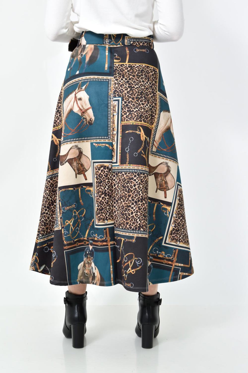 Ψηλόμεση Midi Φούστα Εβαζέ με Ασορτί Ζώνη Πετρόλ 27256 φωτογραφία