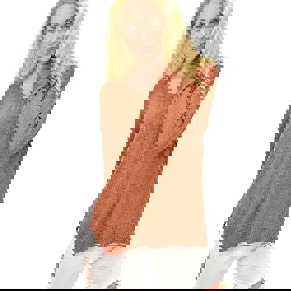 Πλεκτή μακρυμάνικη oversized μπλούζα Κεραμιδί 14168