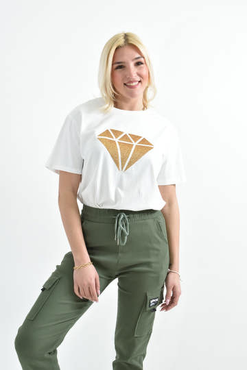  - Γυναικείο t-shirt με χρυσό τύπωμα διαμάντι και στρογγυλή λαιμόκοψη σε λευκό